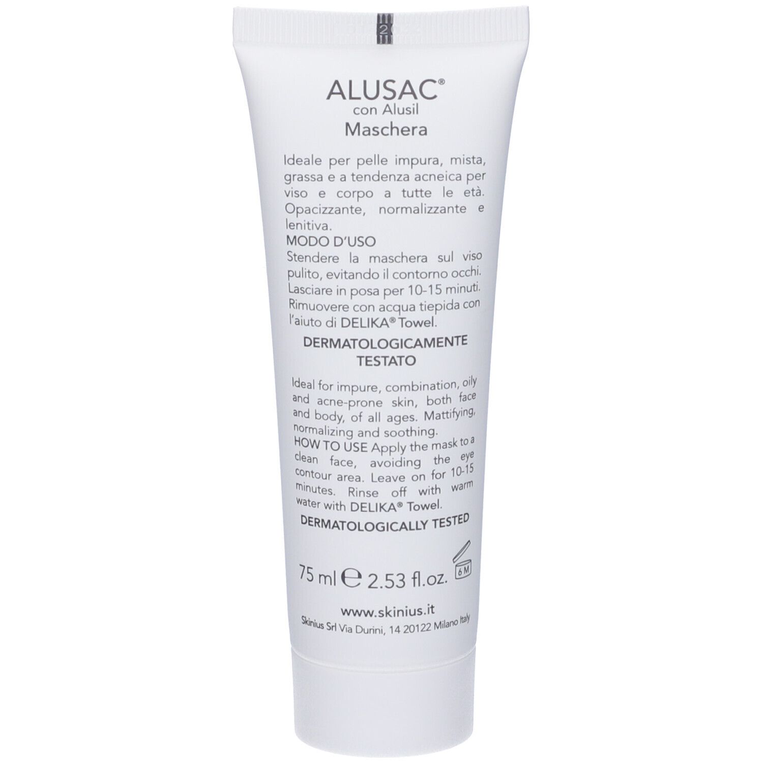 Tubo bianco con testo. ALUSAC, Maschera, Dermopurificante, Seboequilibrante, Levigante. Dermatologicamente testato. 75 ml.