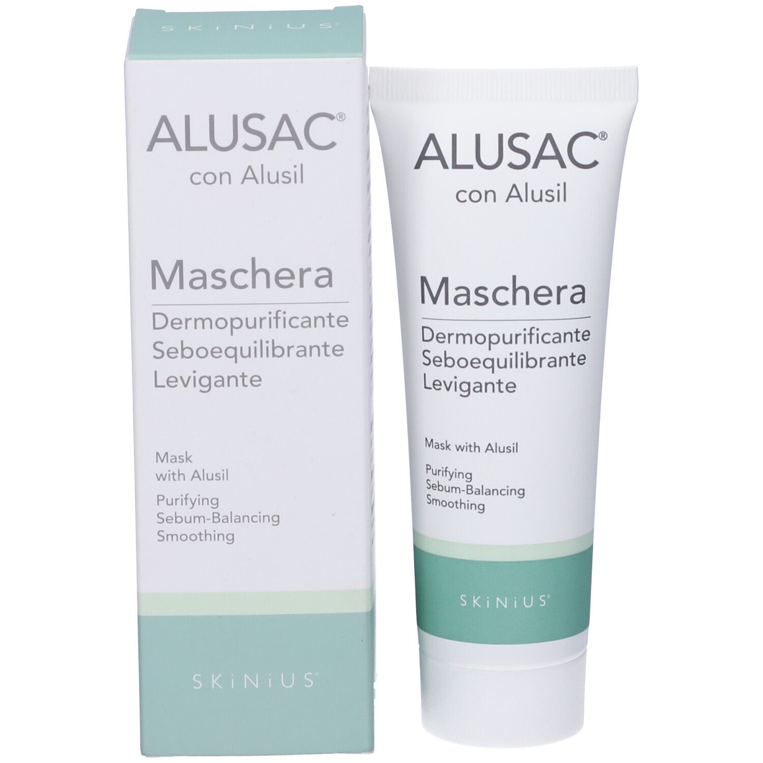 Confezione del prodotto. Tubo e scatola. Testo: ALUSAC, Maschera, Dermopurificante, Seboequilibrante, Levigante. Logo Skinus.