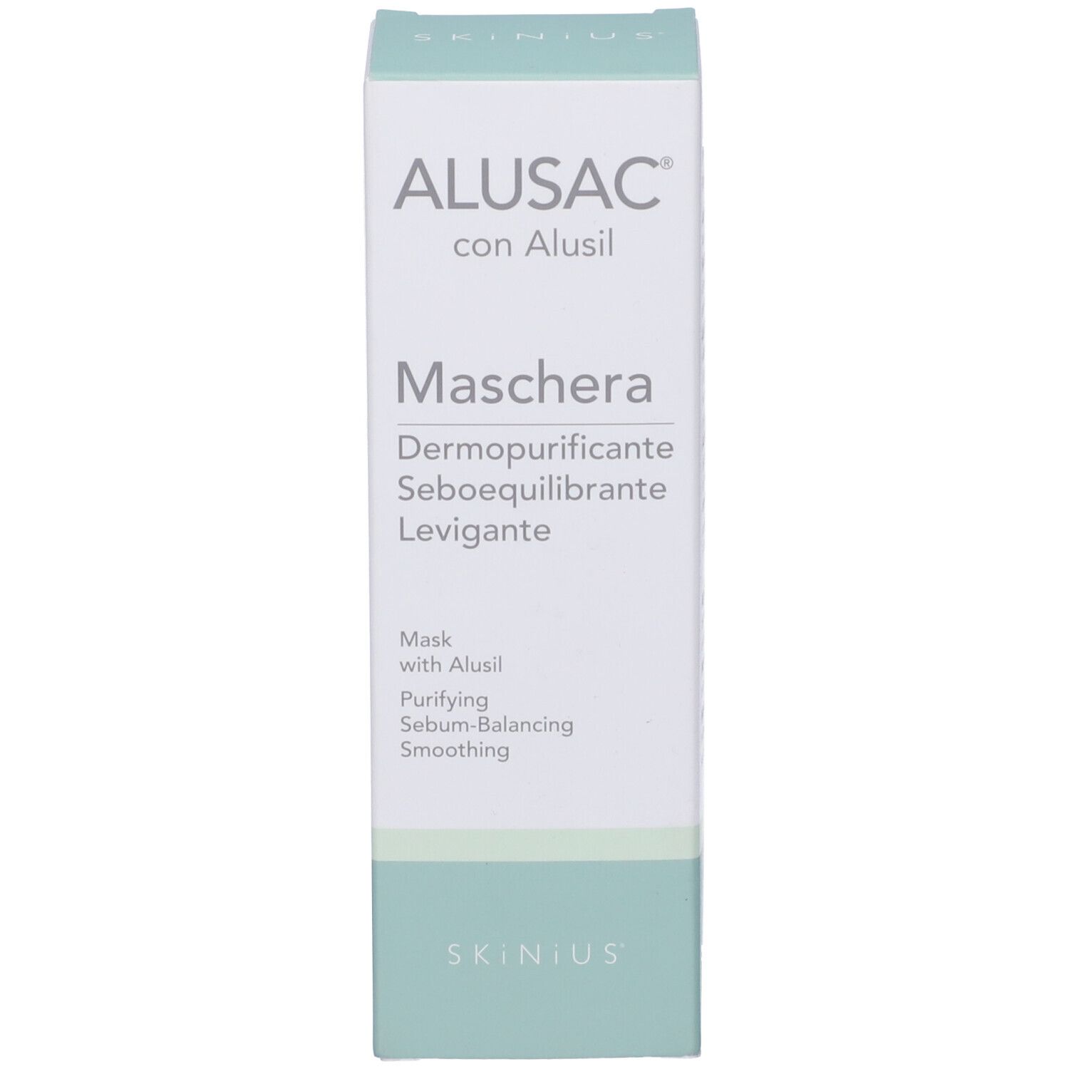 Scatola bianca. Testo: ALUSAC, Maschera, Dermopurificante, Seboequilibrante, Levigante. Logo Skinus.