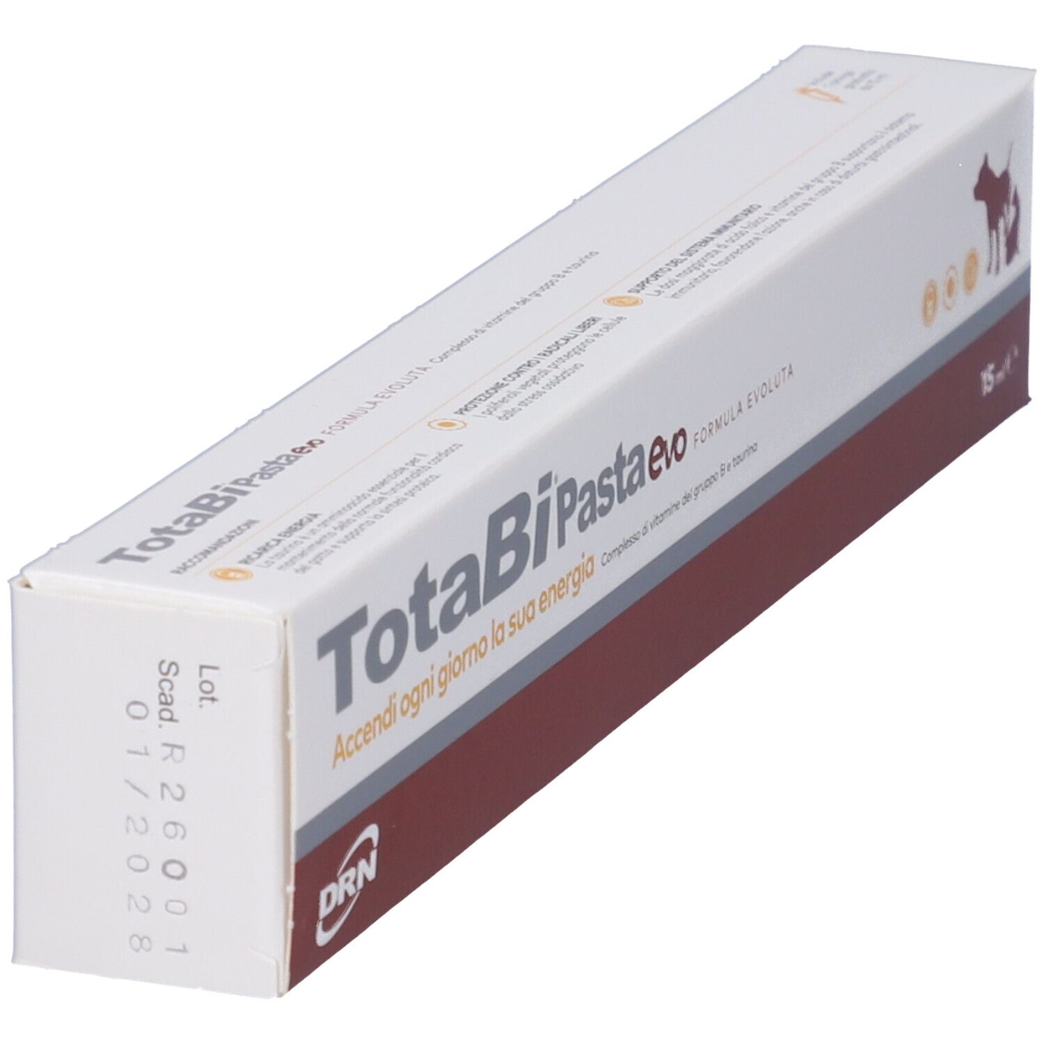 Scatola bianca con fascia rossa. Scritto: TotaBiPasta evo. Logo: cane e gatto. 15 ml.