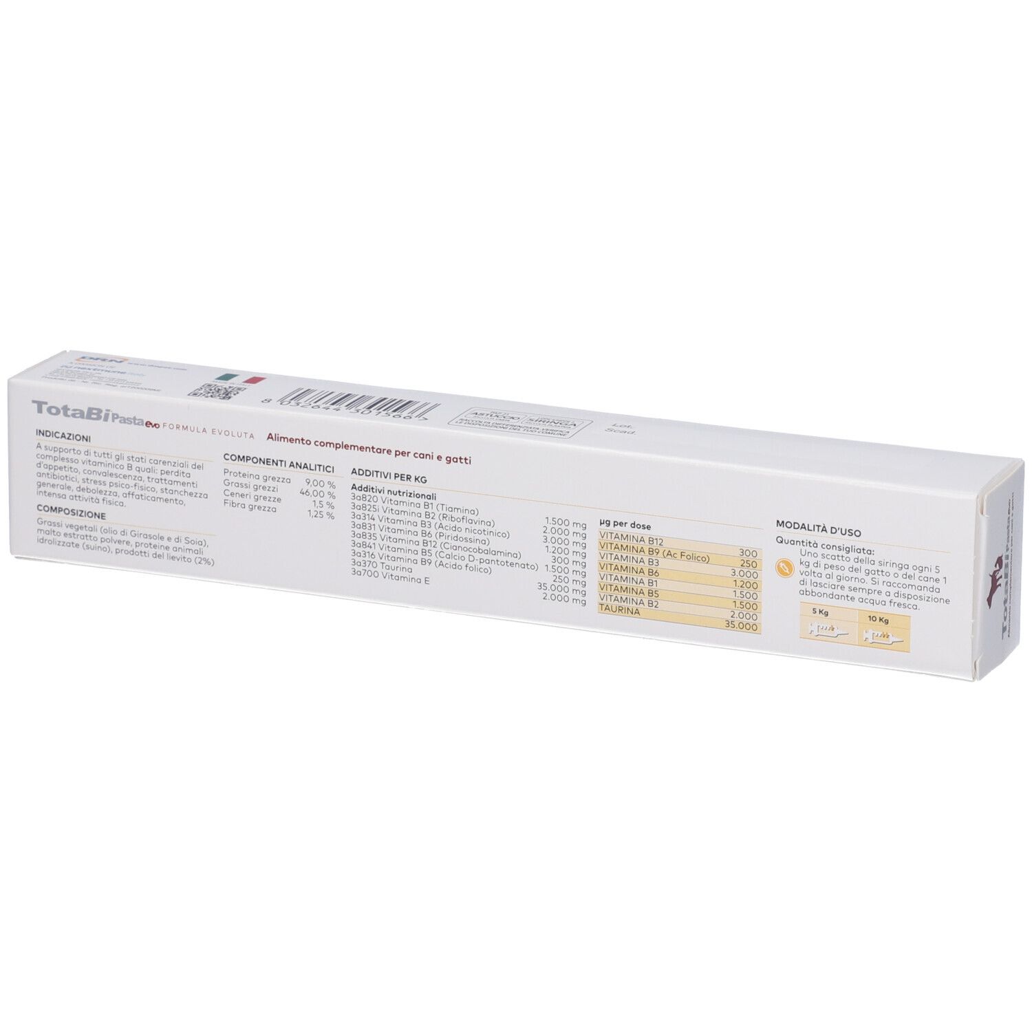 Scatola bianca con testo e informazioni. Scritto: TotaBiPasta evo. Ingredienti e dosaggio.