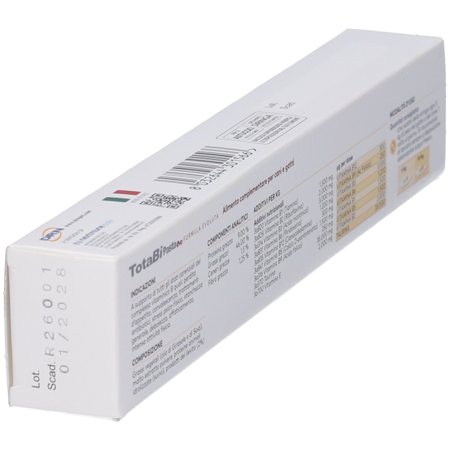 Scatola bianca con testo e informazioni. Scritto: TotaBiPasta evo. Ingredienti e dosaggio.
