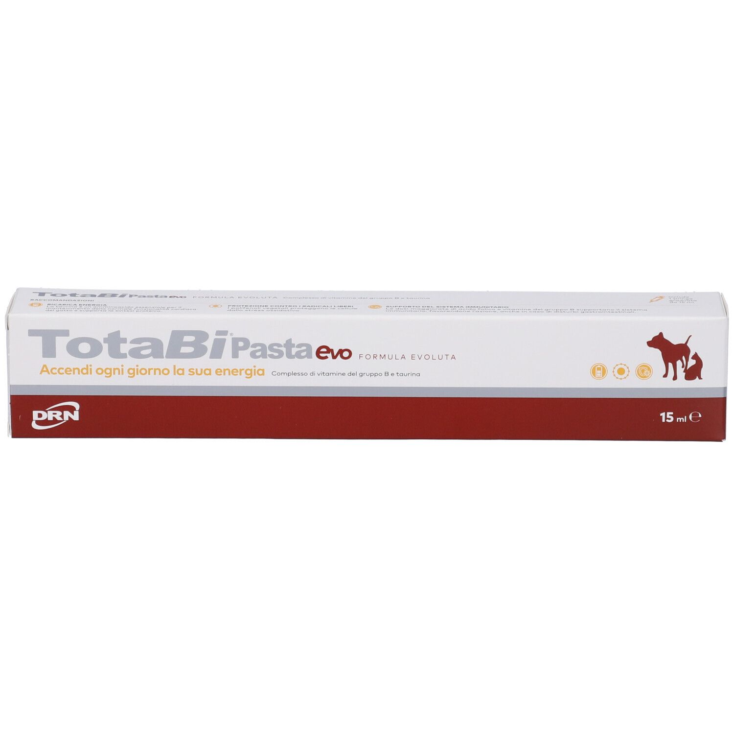 Scatola bianca con fascia rossa. Scritto: TotaBiPasta evo. Logo: cane e gatto. 15 ml.