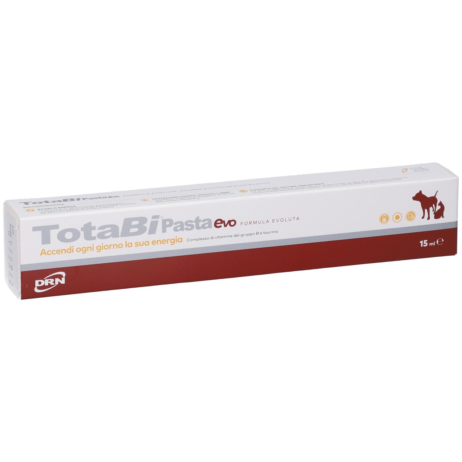 Scatola bianca con fascia rossa. Scritto: TotaBiPasta evo. Logo: cane e gatto. 15 ml.