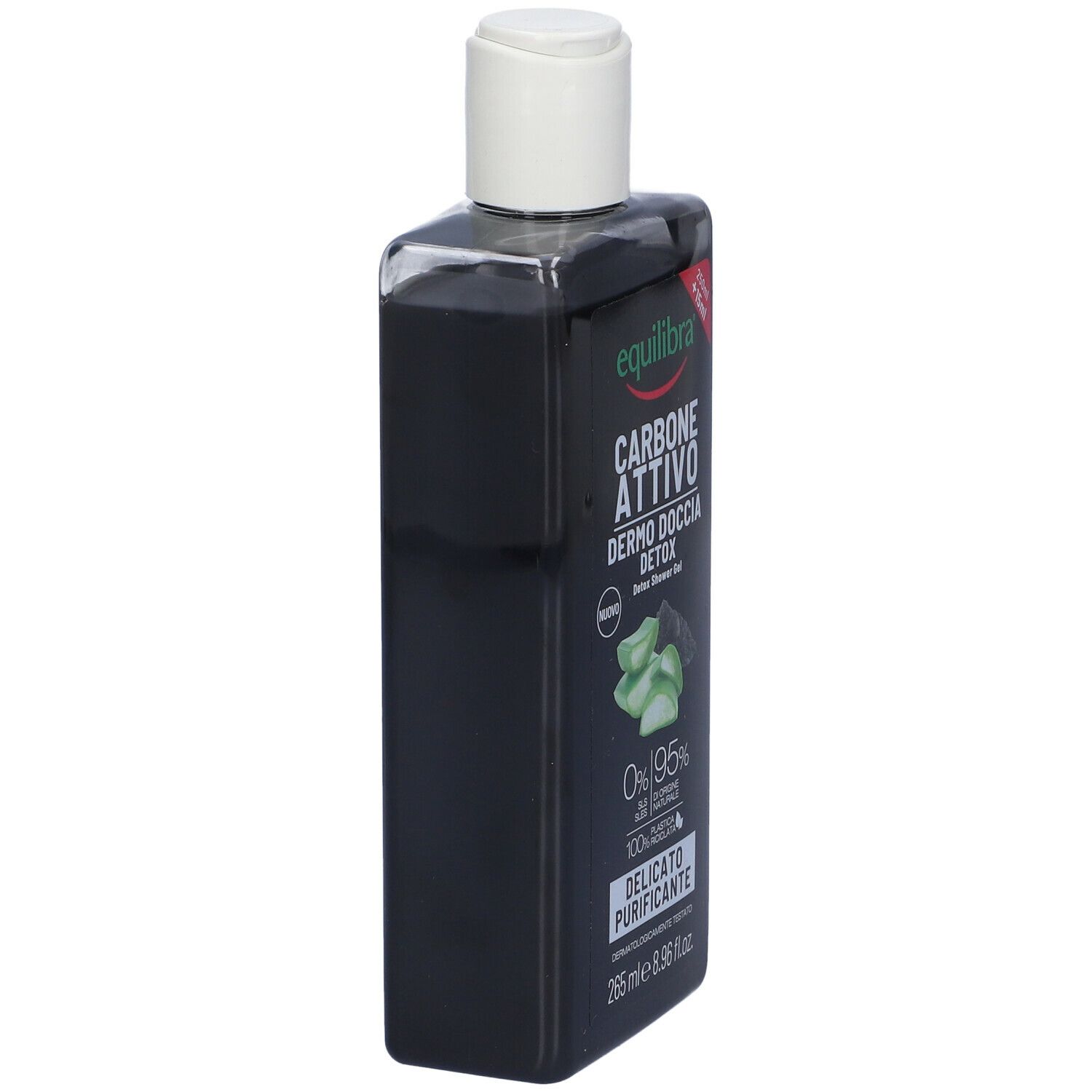 Flacone nero con tappo bianco. Scritta: Equilibra Carbone Attivo Dermo Doccia Detox. Vista laterale.