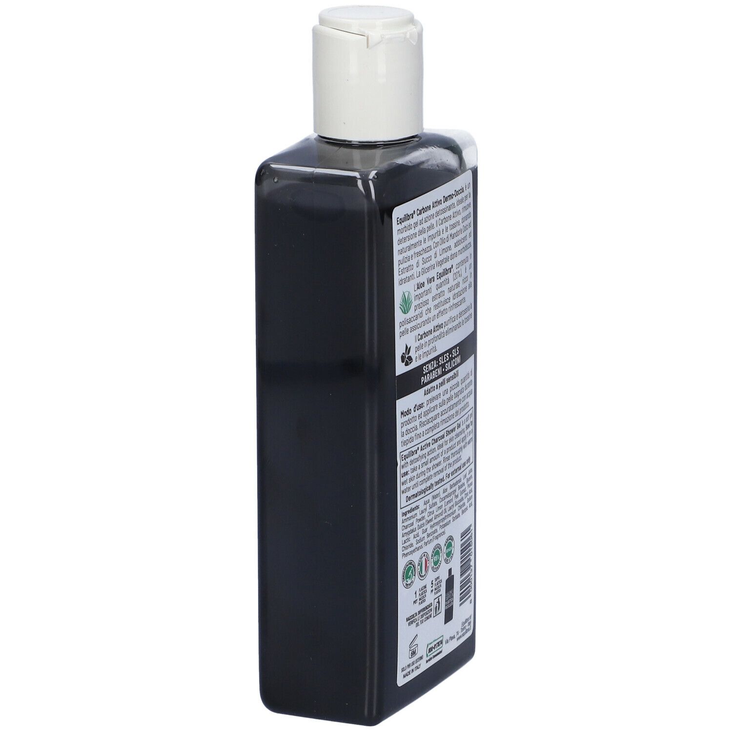 Vista laterale di un flacone nero con tappo bianco. Testo: Equilibra Carbone Attivo Dermo Doccia Detox. Ingredienti.