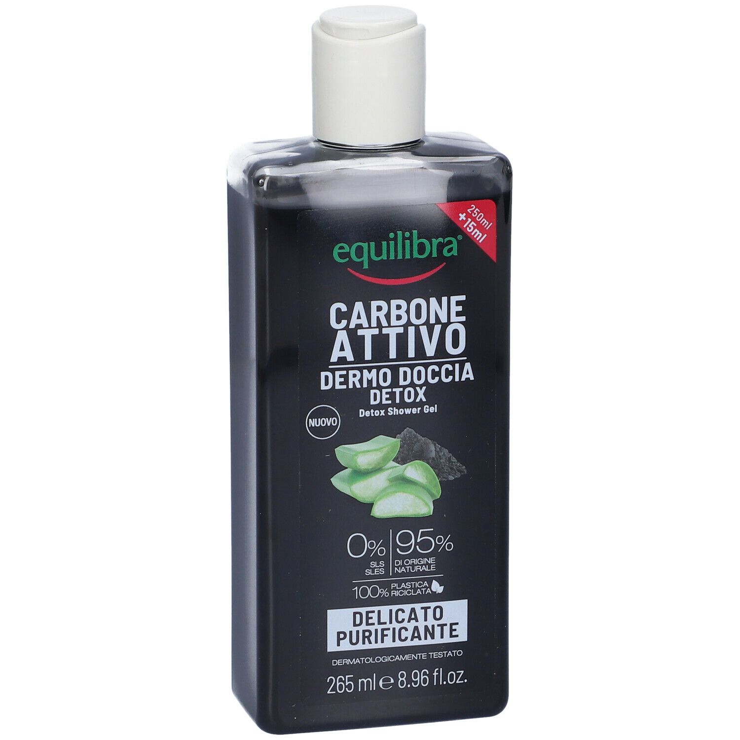 Flacone nero con tappo bianco. Scritta: Equilibra Carbone Attivo Dermo Doccia Detox. Con Aloe Vera.