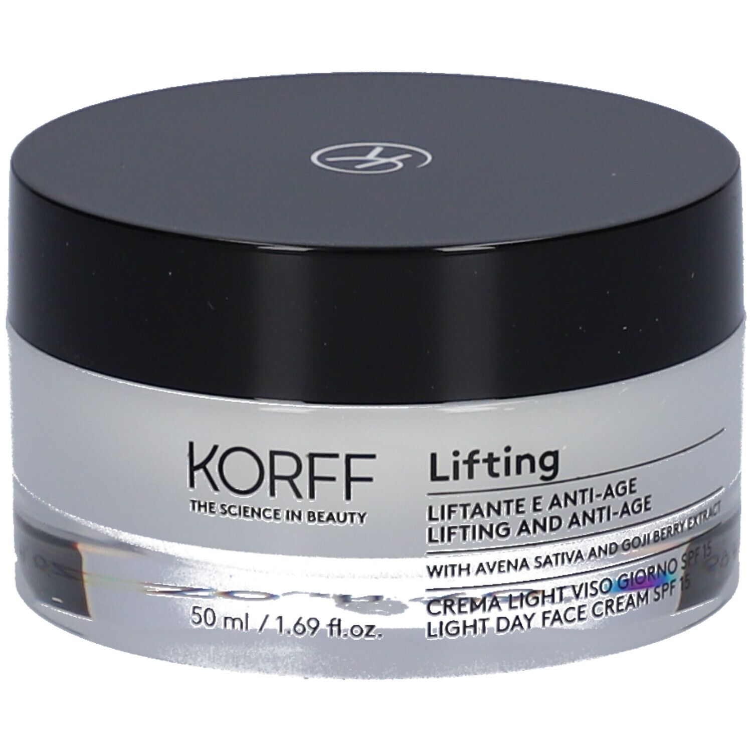 KORFF Lifting Creme Light. Crema in vasetto con coperchio nero. Testo: Lifting, SPF 15. 50 ml.