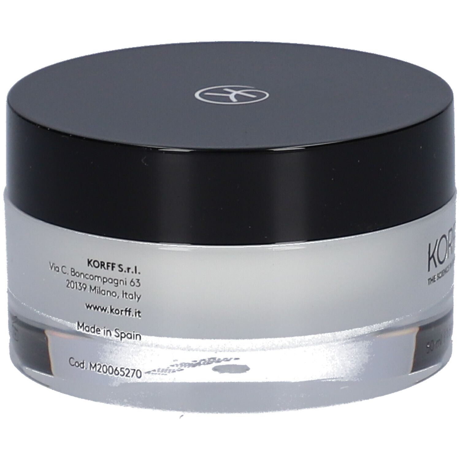 Retro del vasetto KORFF Lifting Light. Testo: Indirizzo produttore, Made in Spain, Cod.