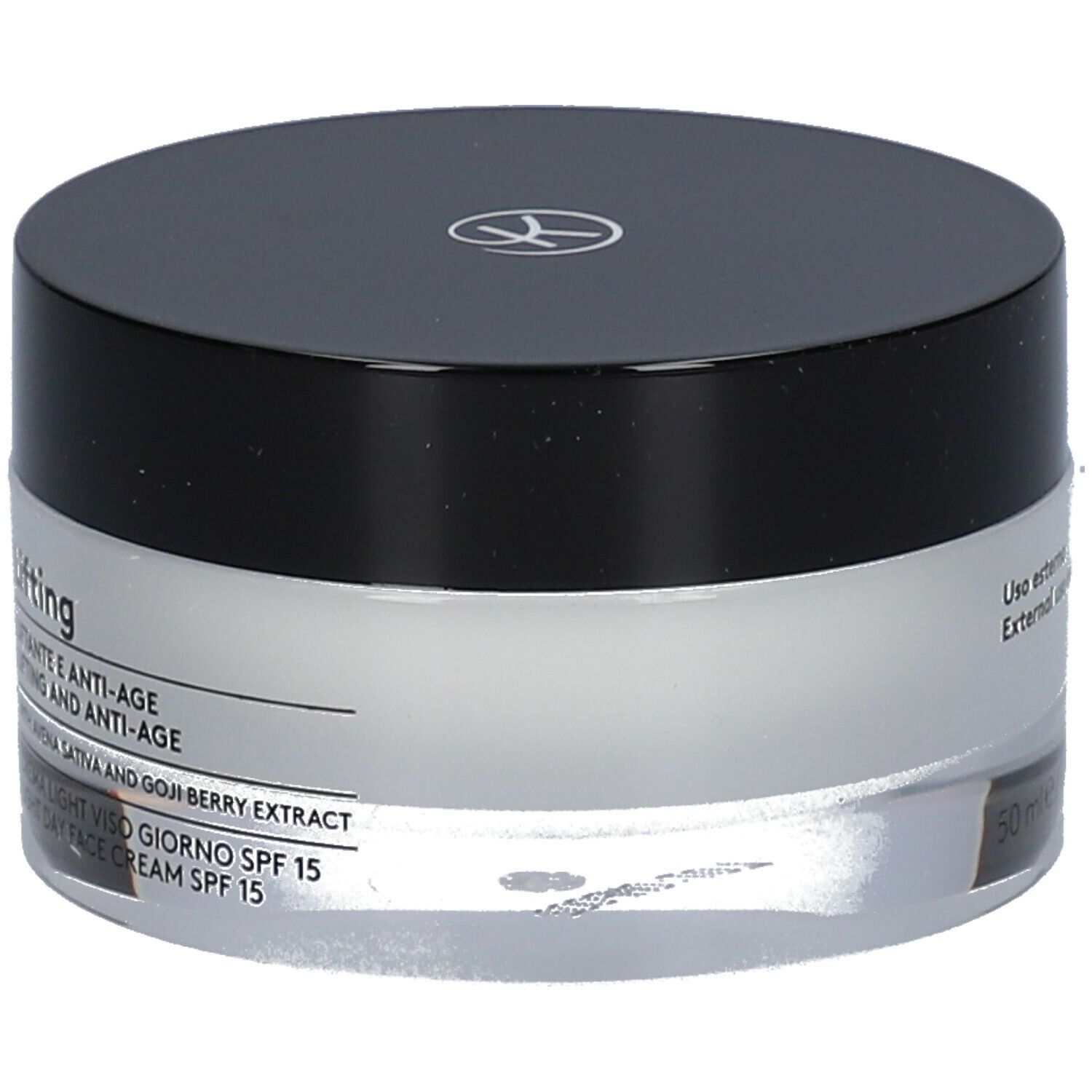 KORFF Lifting Creme Light. Crema in vasetto con coperchio nero. Testo: Lifting, SPF 15. 50 ml.