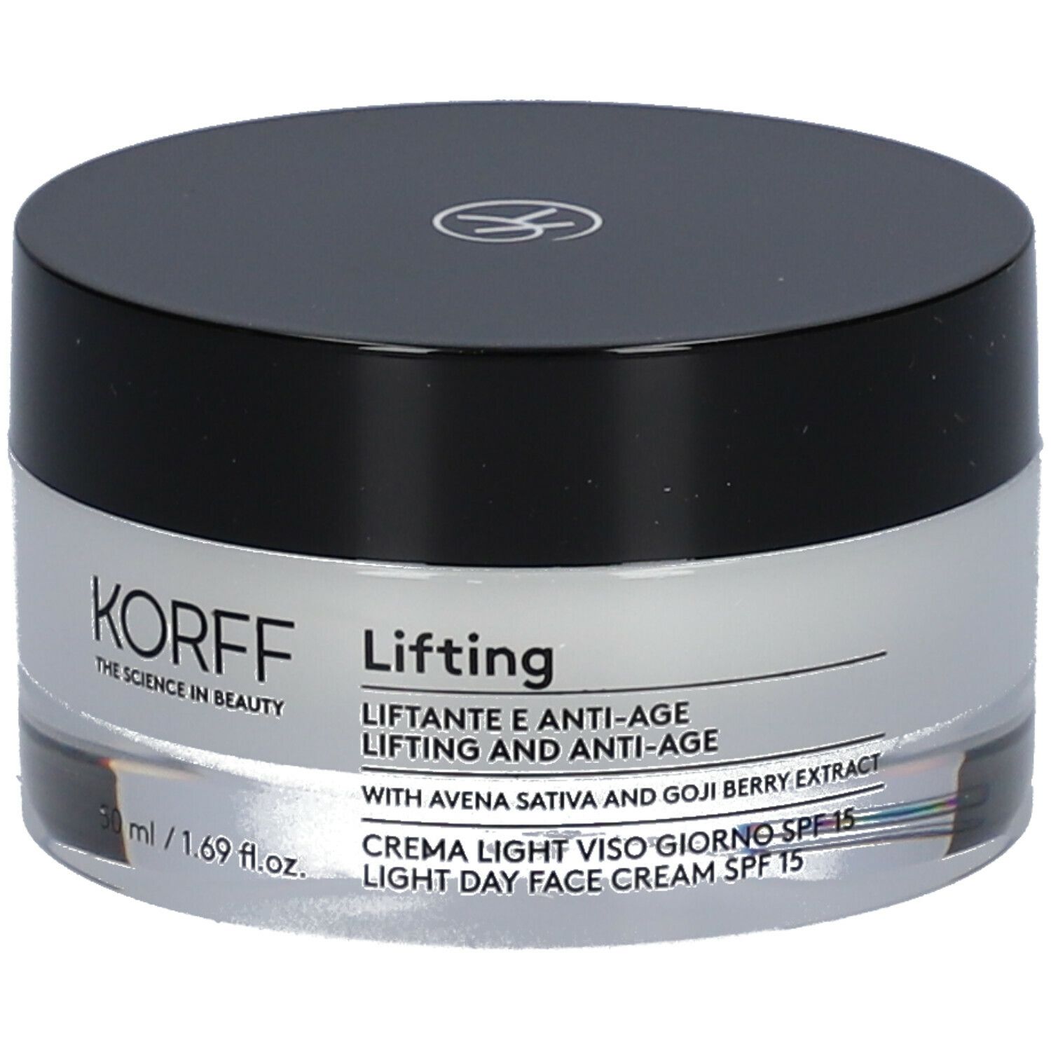 KORFF Lifting Creme Light. Crema in vasetto con coperchio nero. Testo: Lifting, SPF 15. 50 ml.