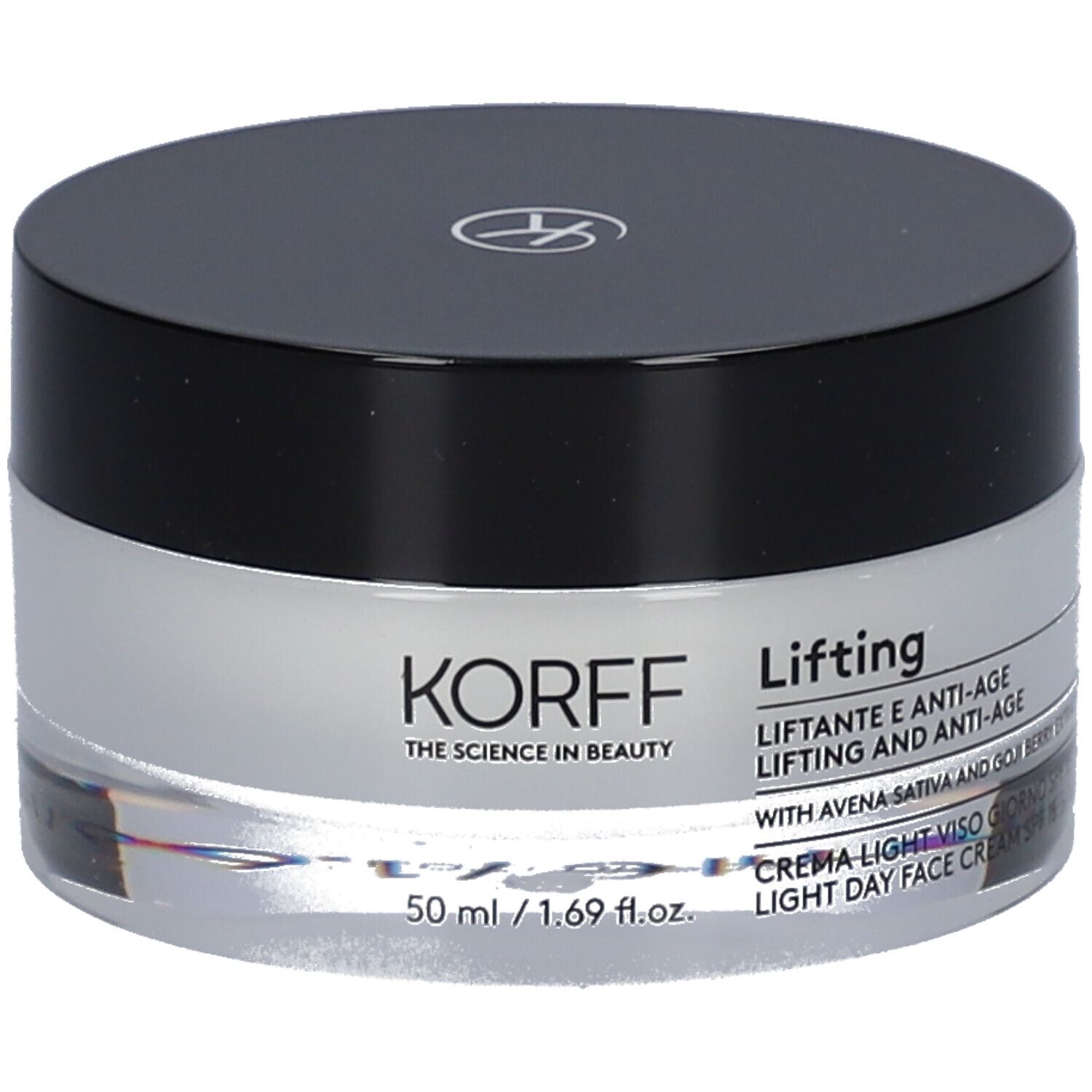 KORFF Lifting Creme Light. Crema in vasetto con coperchio nero. Testo: Lifting, SPF 15. 50 ml.