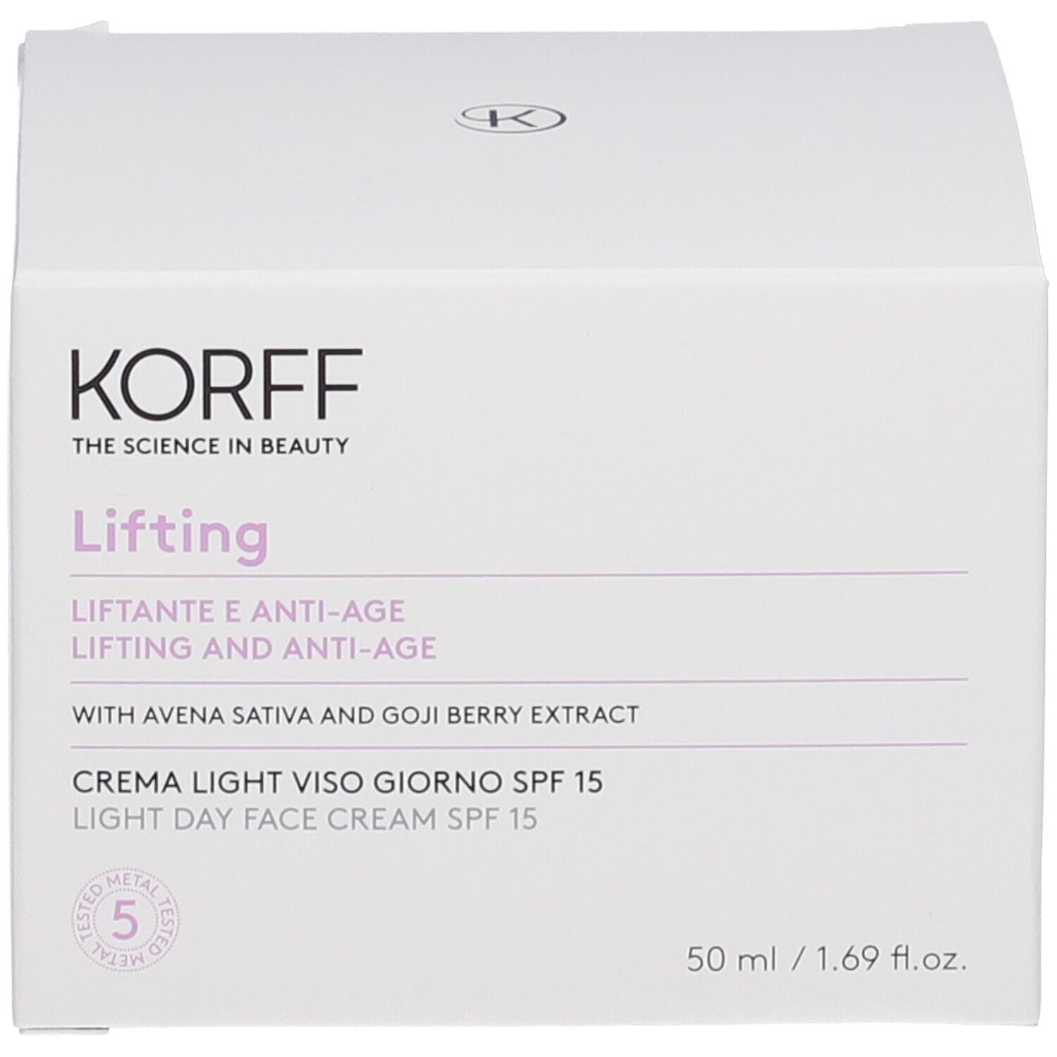 Confezione KORFF Lifting Light. Testo: Lifting, SPF 15. 50 ml. Confezione bianca.
