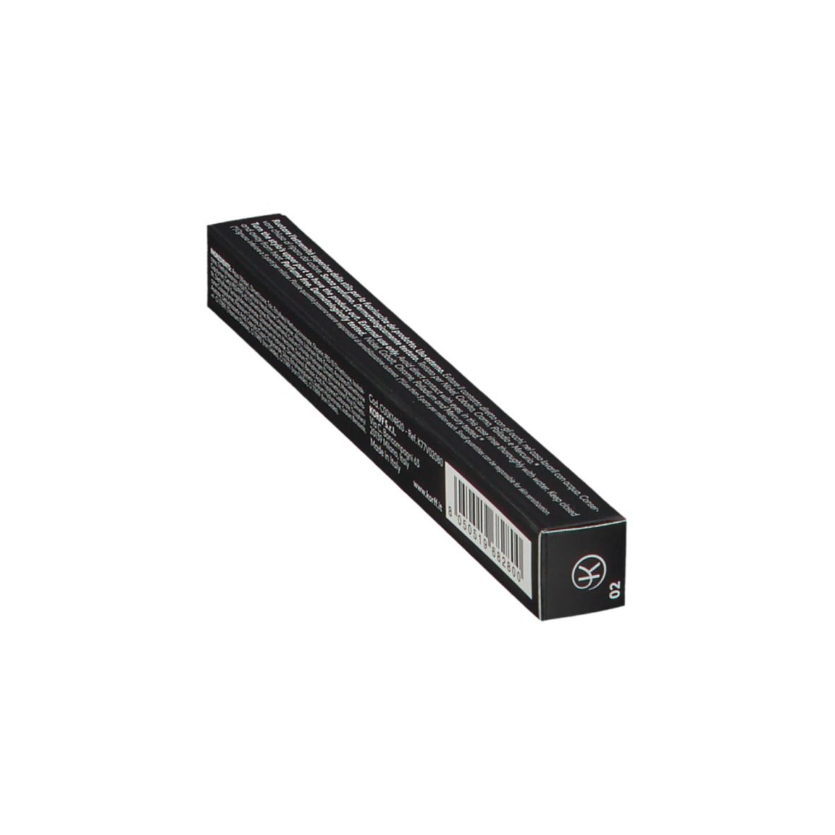 Confezione correttore KORFF Cure Make Up. Scatola nera con informazioni prodotto. Scritta: Cure Make Up, 02.