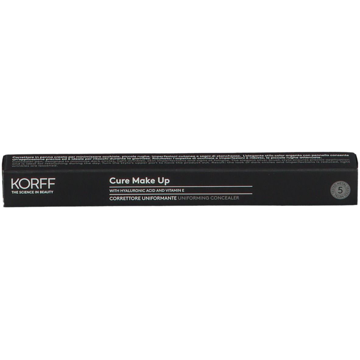 Confezione correttore KORFF Cure Make Up. Scatola nera con informazioni prodotto. Scritta: Cure Make Up, 5.