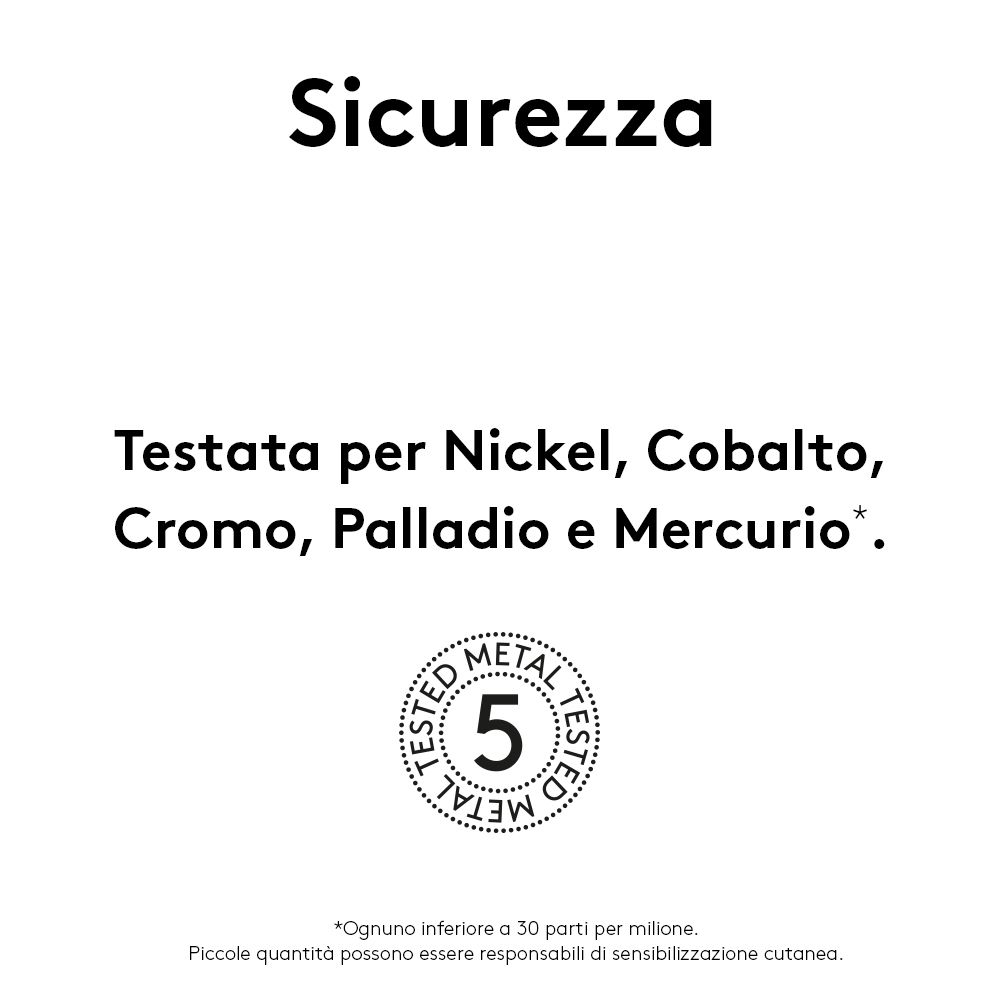 Testo su sfondo bianco: Testato per nichel, cobalto, cromo, palladio e mercurio. Sigillo Metallo 5.
