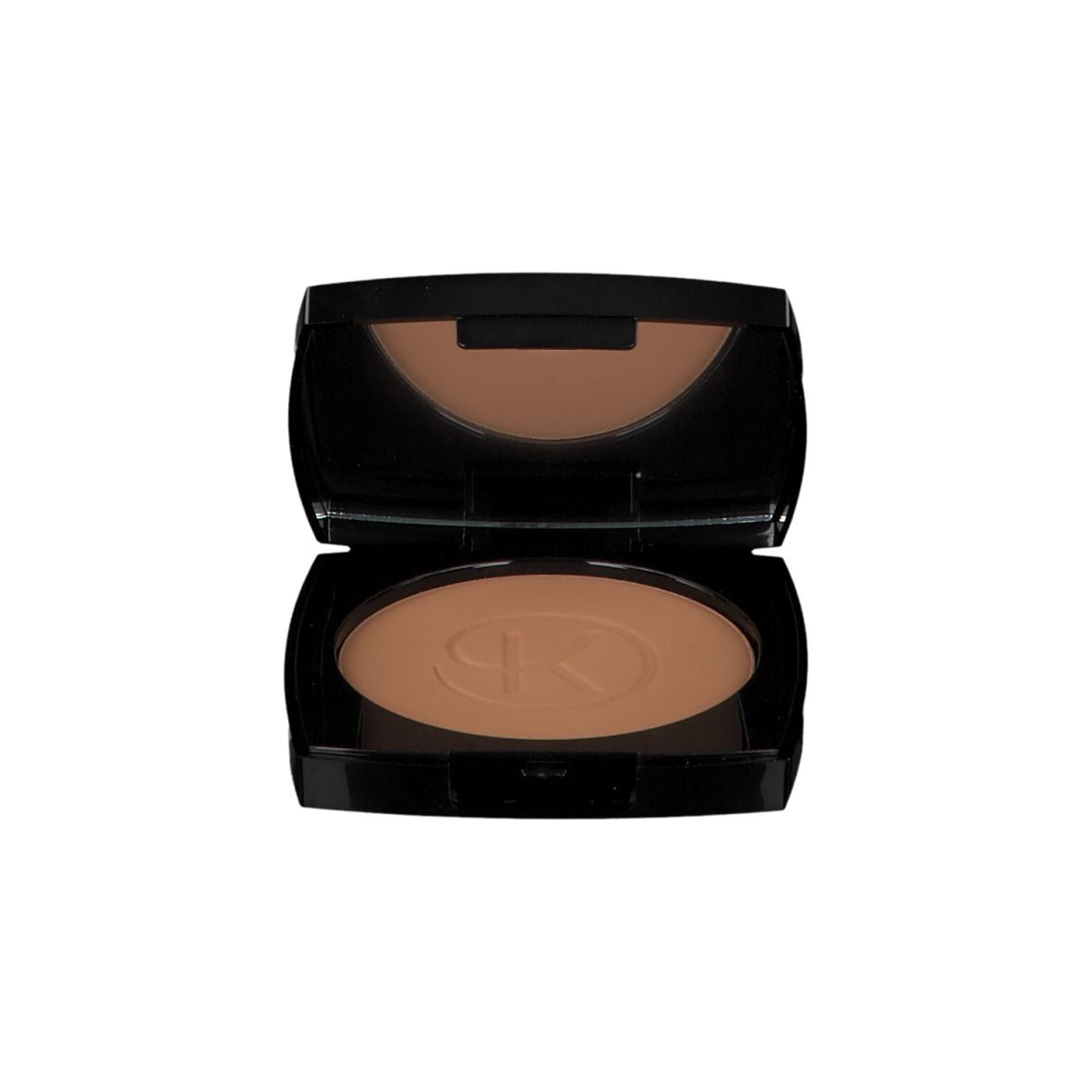 Cipria compatta in confezione nera, coperchio aperto. Specchio nel coperchio. Polvere bronzata con logo.