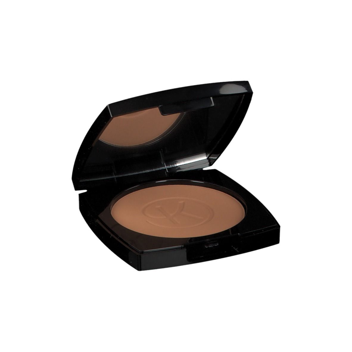 Cipria compatta in confezione nera, coperchio aperto. Specchio nel coperchio. Polvere bronzata con logo.