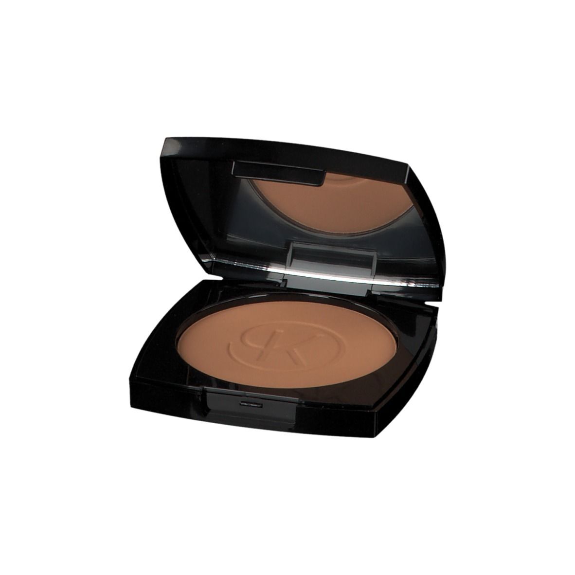 Cipria compatta in confezione nera, coperchio aperto. Specchio nel coperchio. Polvere bronzata con logo.