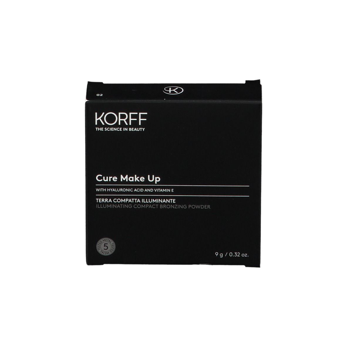 Confezione nera con nome del prodotto e logo. Forma quadrata.