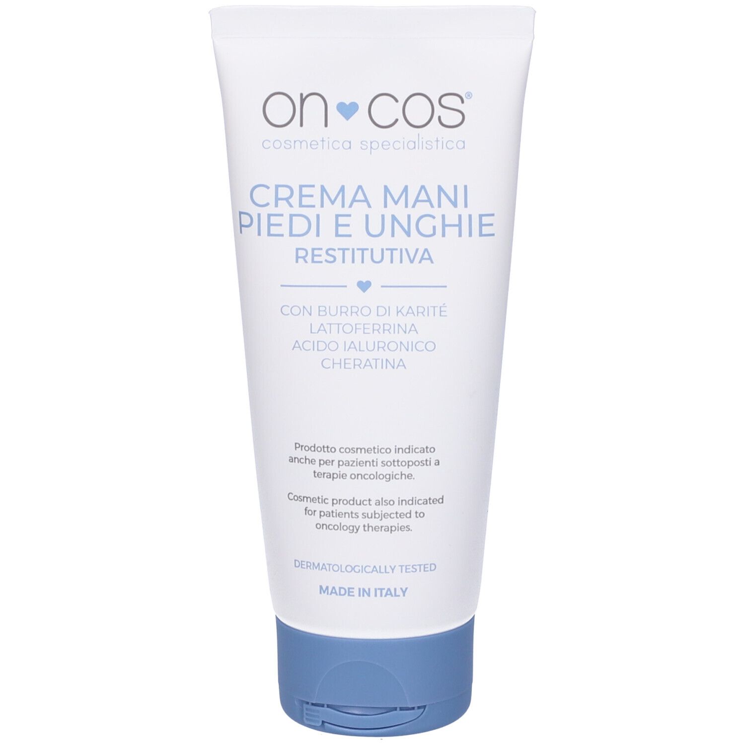 Tubo bianco con tappo blu. Scritta: Oncos, crema mani, piedi e unghie. Restitutiva. Con ingredienti.
