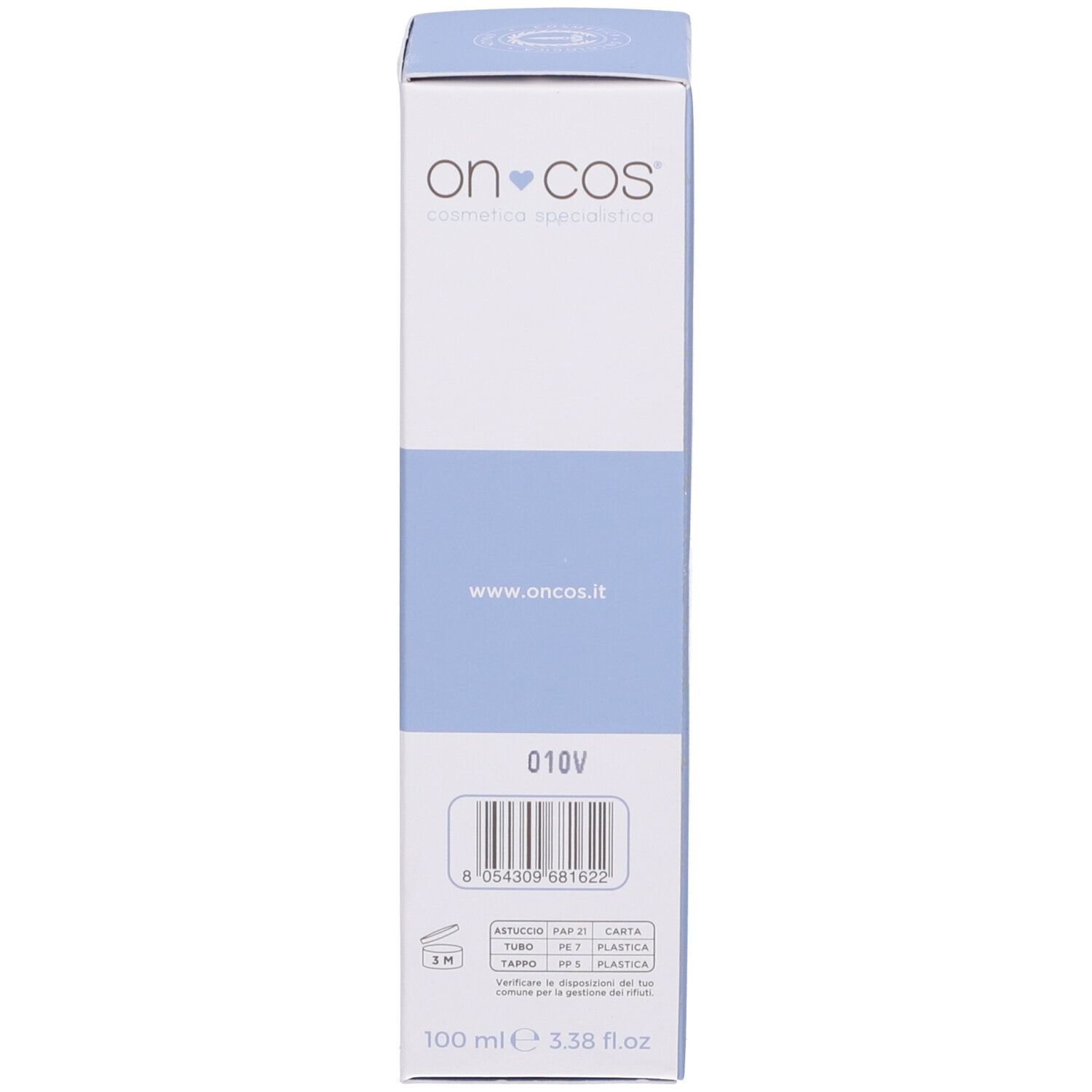 Scatola. Scritta: Oncos, crema mani, piedi e unghie. Restitutiva. 100 ml. Codice a barre.