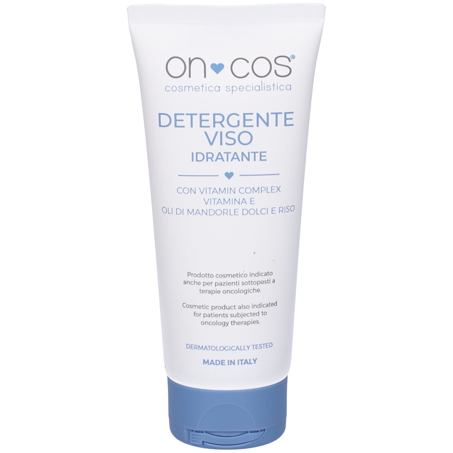 Tubo bianco con tappo blu. Scritta "on-cos", "Detergente Viso Idratante". Contiene vitamina E e oli. Dermatologicamente testato.
