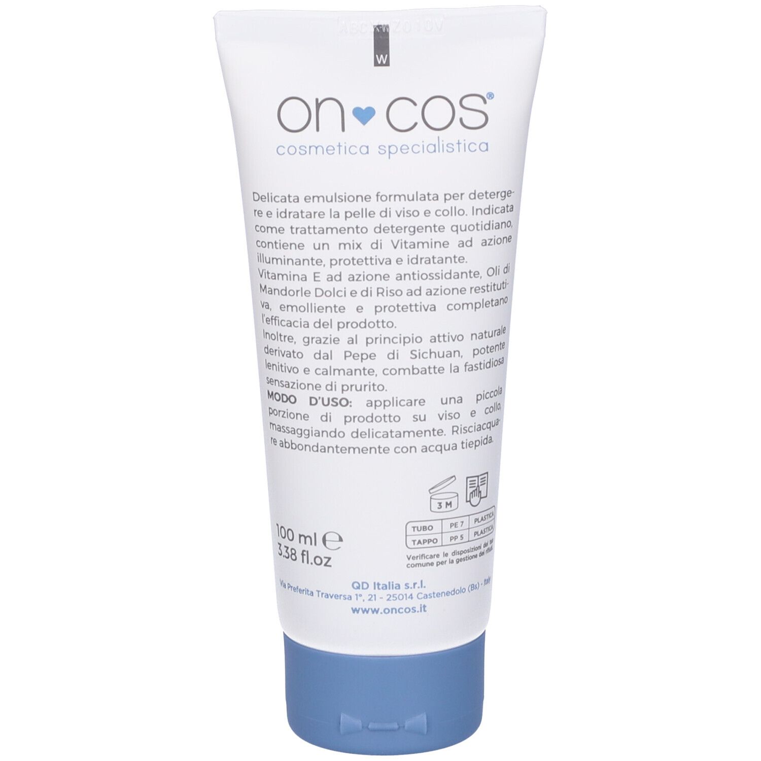 Retro del tubo. Testo sugli ingredienti e l'uso. Volume: 100 ml. Con simboli di riciclaggio e durata.