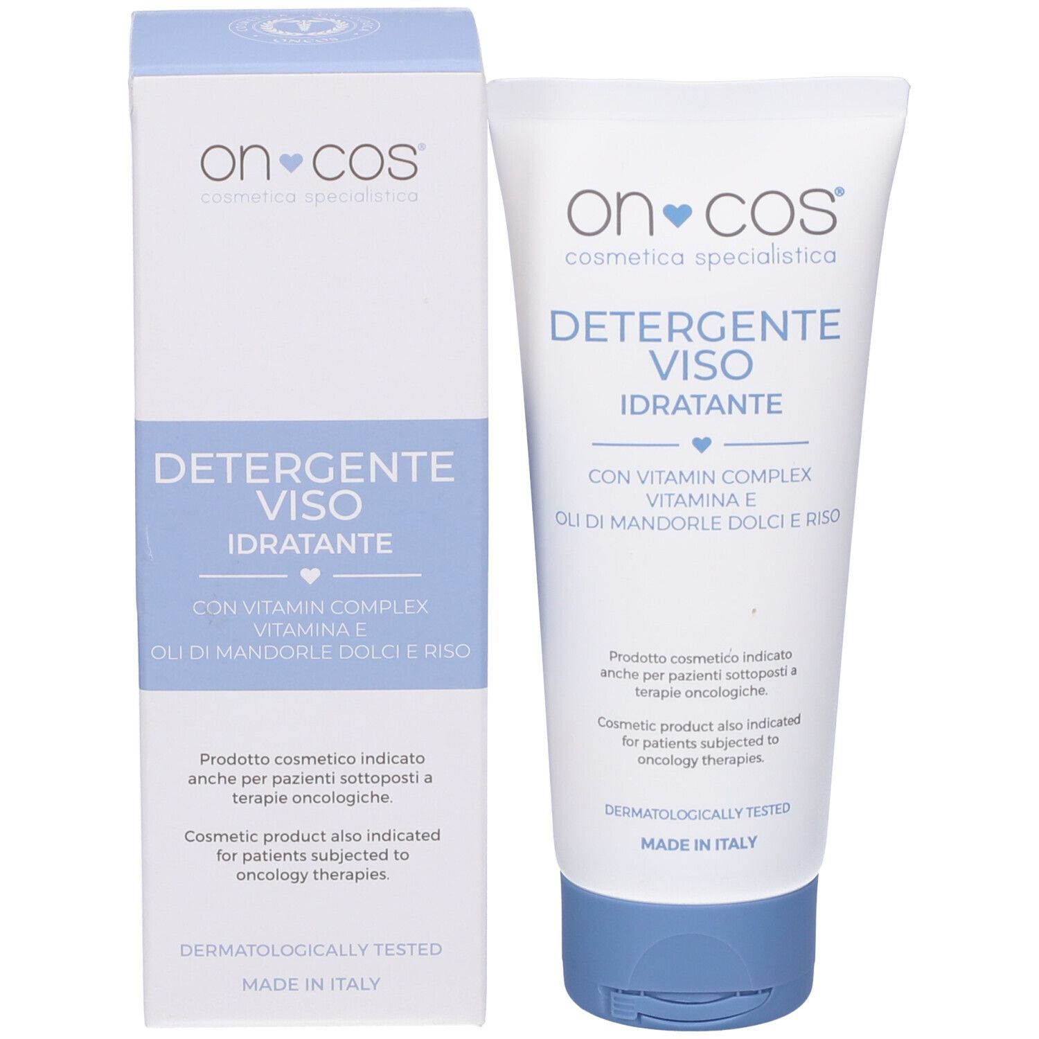 Confezione del prodotto. Scritta "on-cos", "Detergente Viso Idratante". Contiene complesso vitaminico. Dermatologicamente testato. Per terapia oncologica.