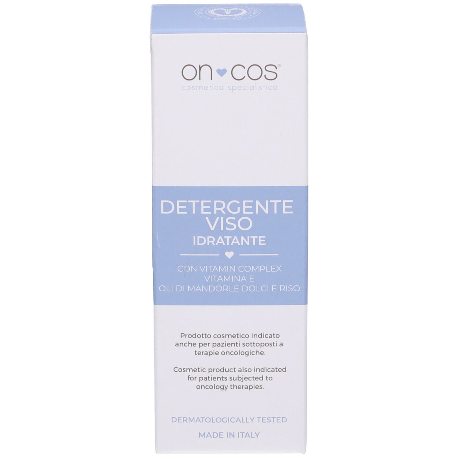 Scatola con scritta "on-cos", "Detergente Viso Idratante". Contiene complesso vitaminico. Dermatologicamente testato. Per terapia oncologica.