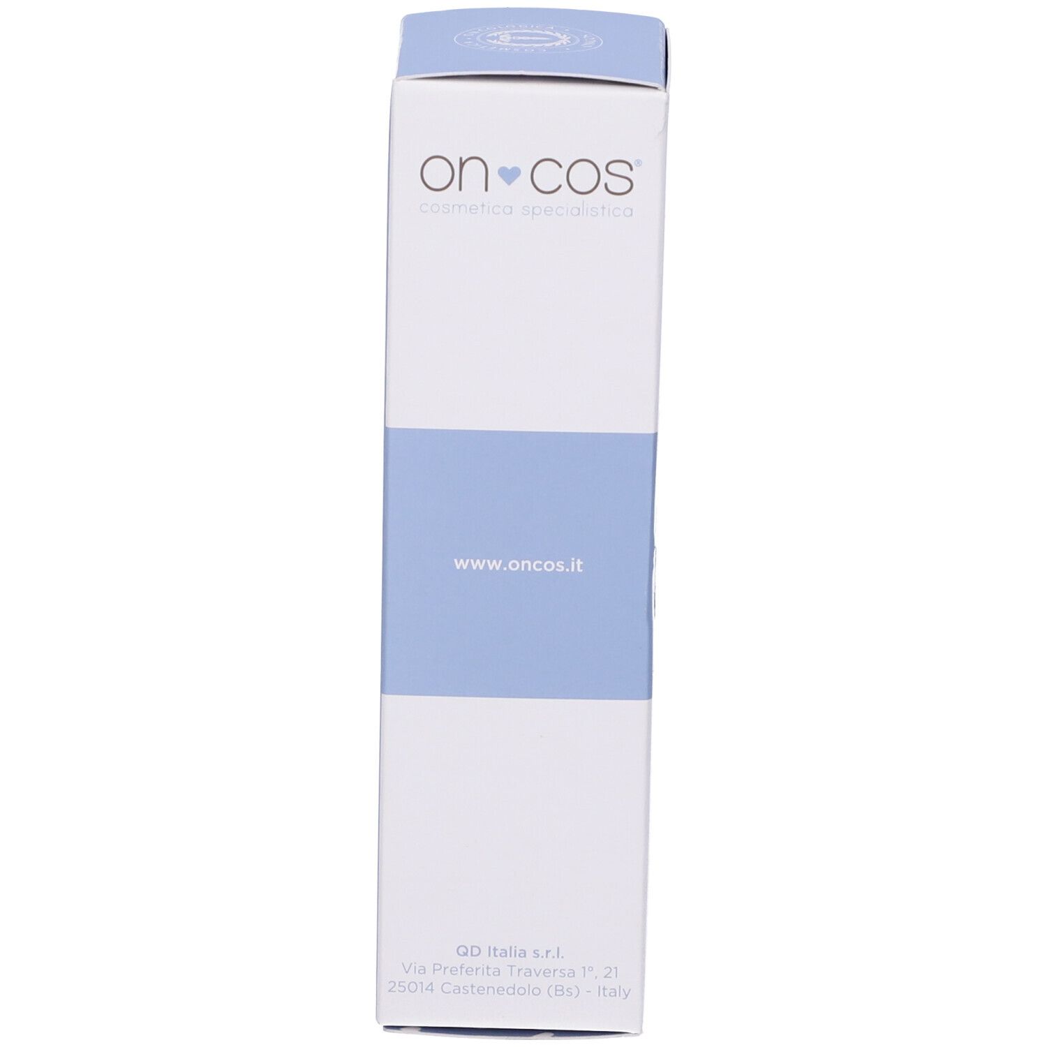 Retro della scatola. Scritta "on-cos" e indirizzo del sito web. Striscia blu. Testo sul prodotto e il marchio.