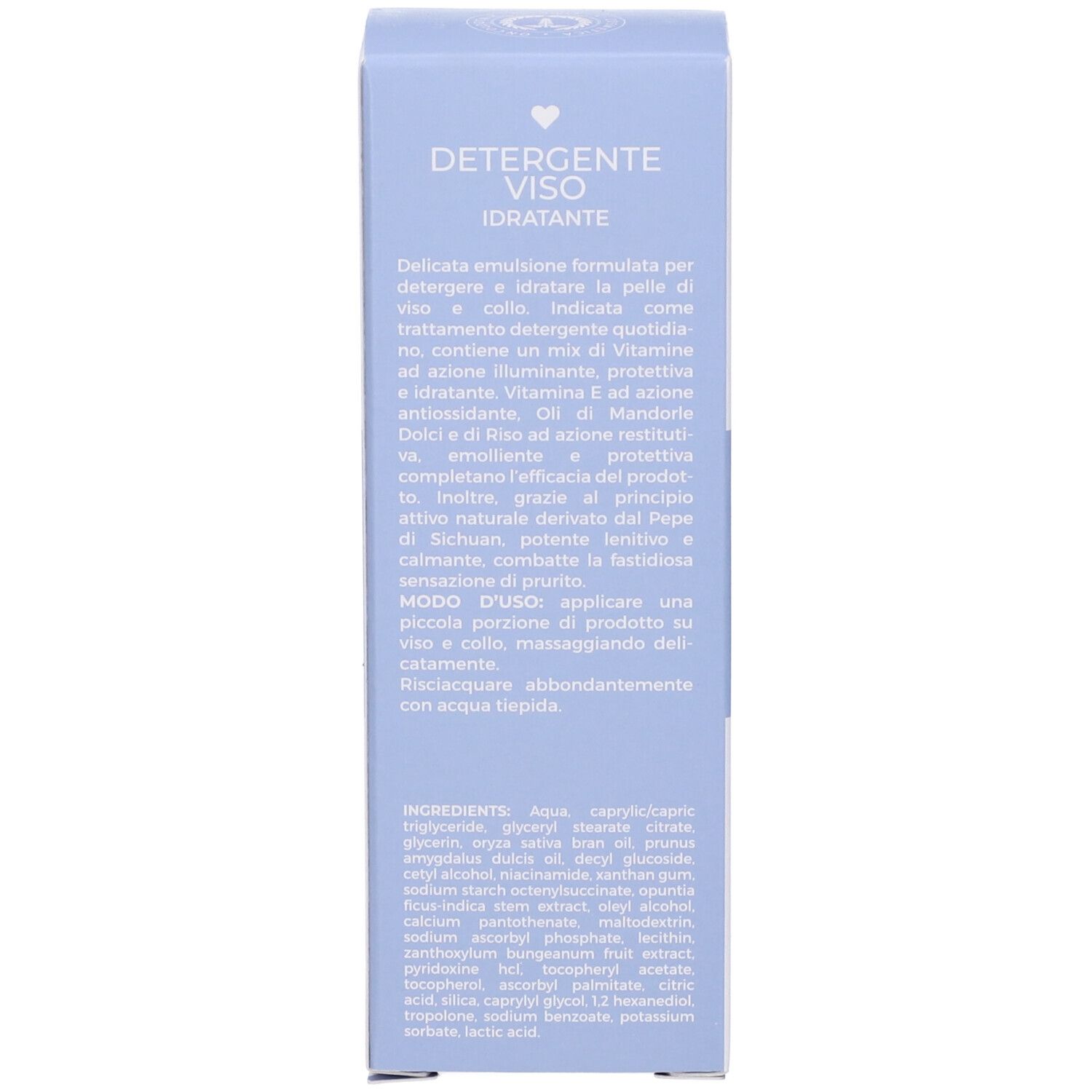 Retro della scatola. Testo sugli ingredienti e l'uso. Marchio "on-cos". Striscia blu. Per viso e collo.