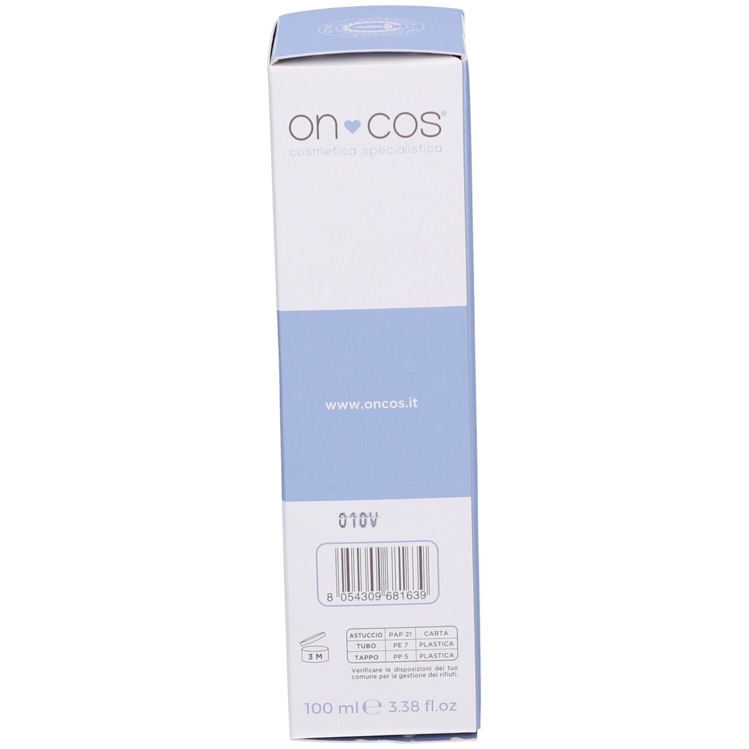Retro della scatola. Codice prodotto, codice a barre, volume: 100 ml. Simboli di riciclaggio e durata. Marchio "on-cos".