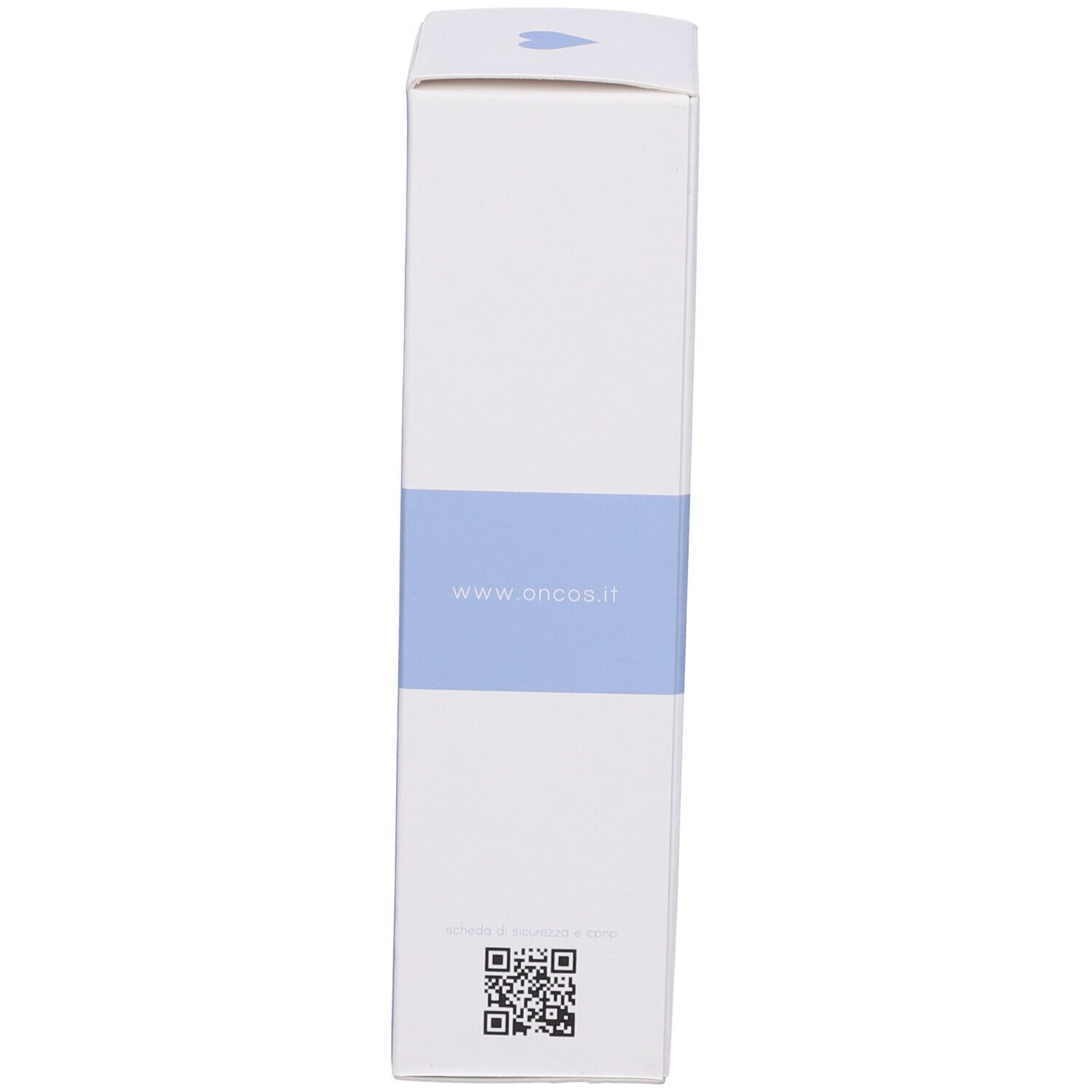 Scatola, lato con indirizzo sito web e codice QR. Scritto: www.oncos.it.