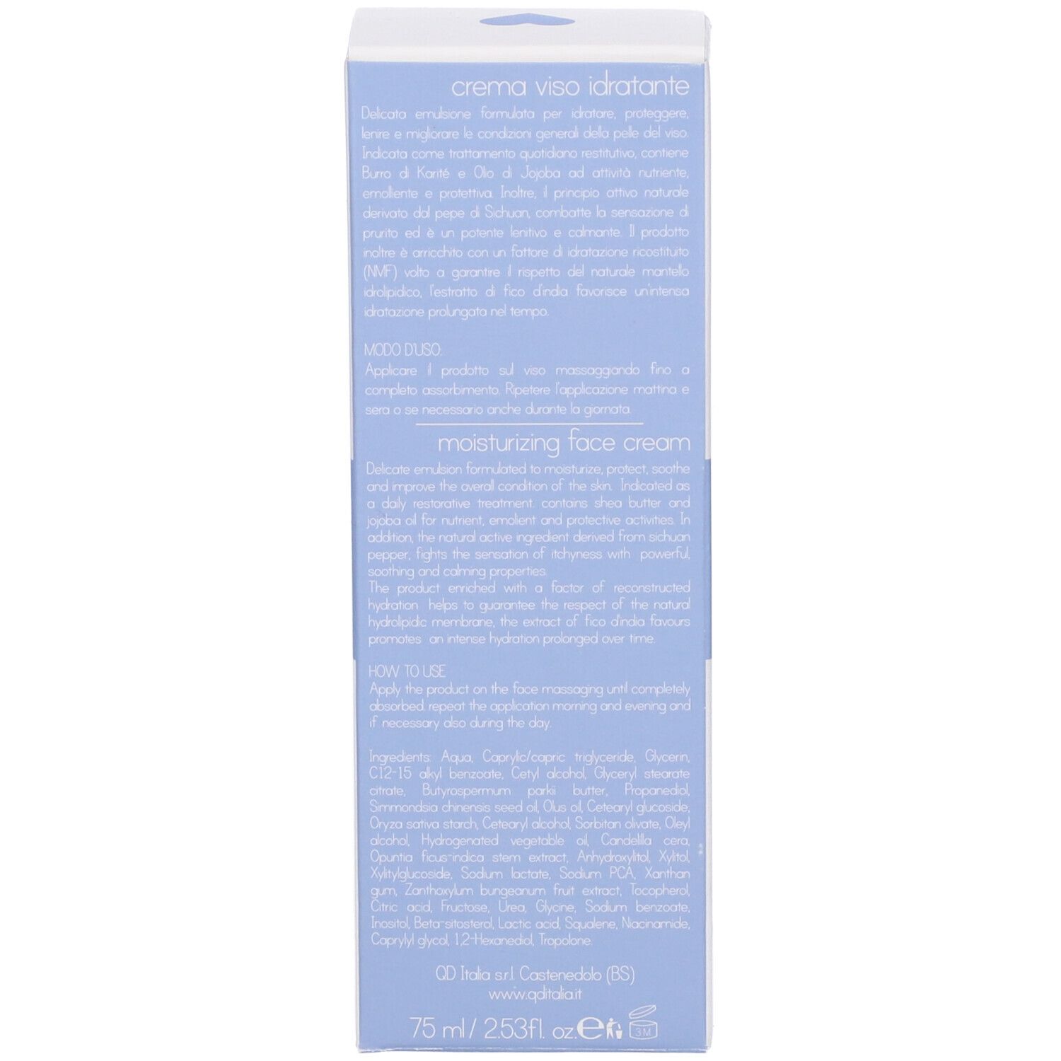 Lato della scatola con testo in italiano e inglese. Scritto: 75 ml/253 fl.oz.