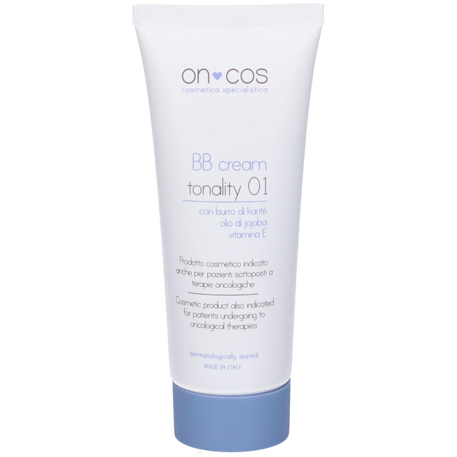 Tubo di crema. Scritto: BB cream tonality 01. Con burro di karité, olio di jojoba, vitamina E. Dermatologicamente testato.
