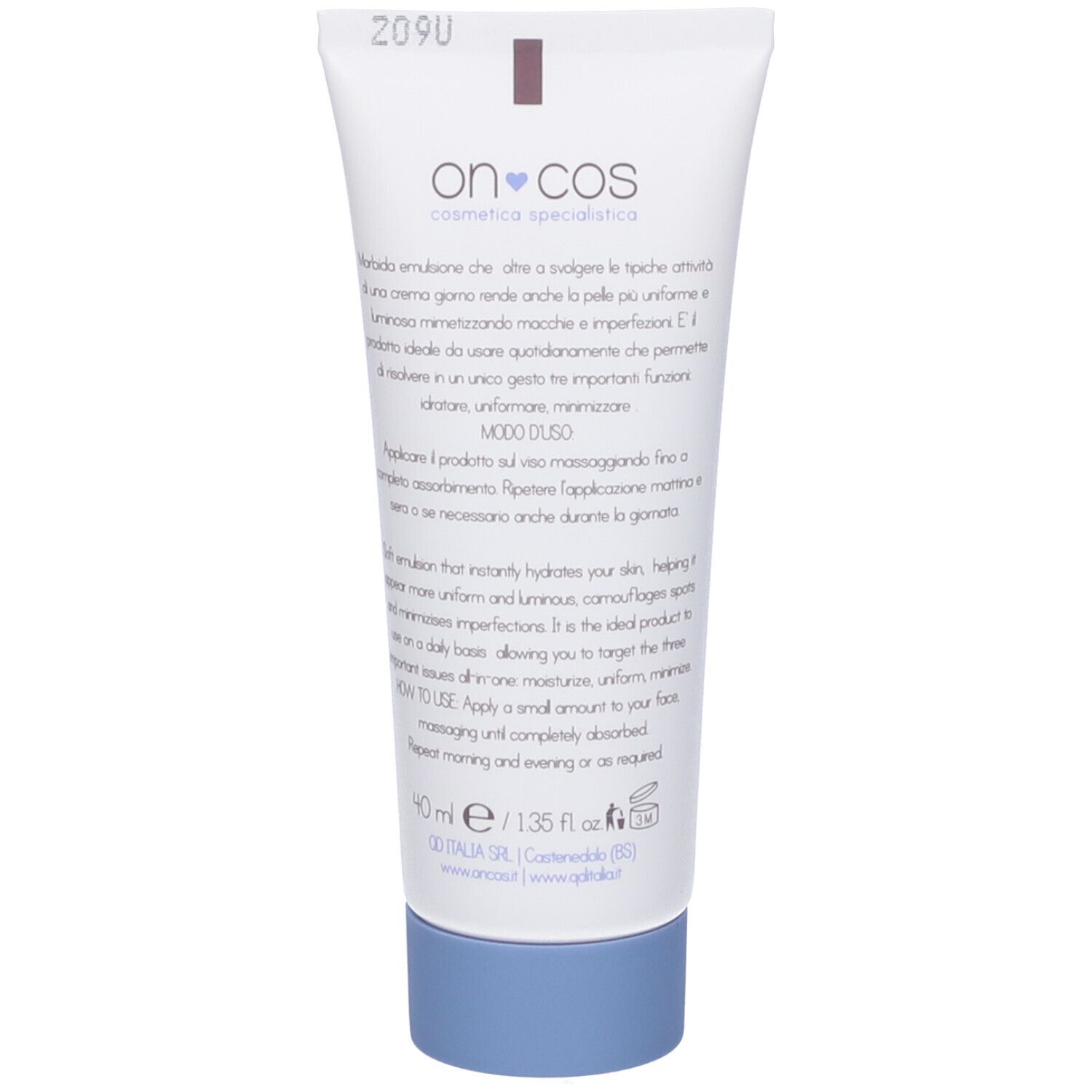 Retro del tubo di crema. Testo: Istruzioni per l'uso. 40 ml/1.35 fl oz. Prodotto in Italia. www.oncos.it