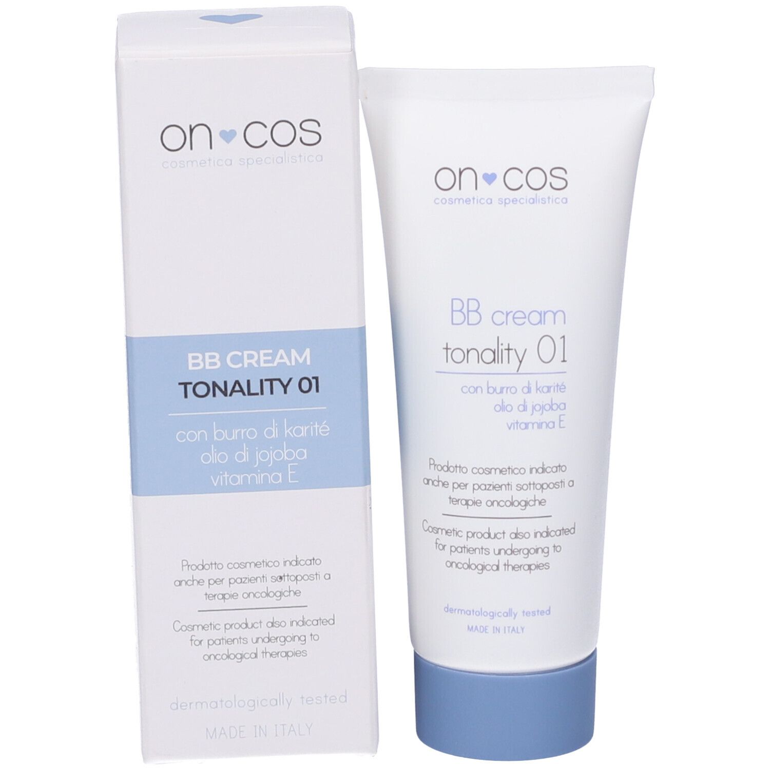 Tubo e scatola di crema. Scritto: BB cream tonality 01. Con burro di karité, olio di jojoba, vitamina E. Dermatologicamente testato.