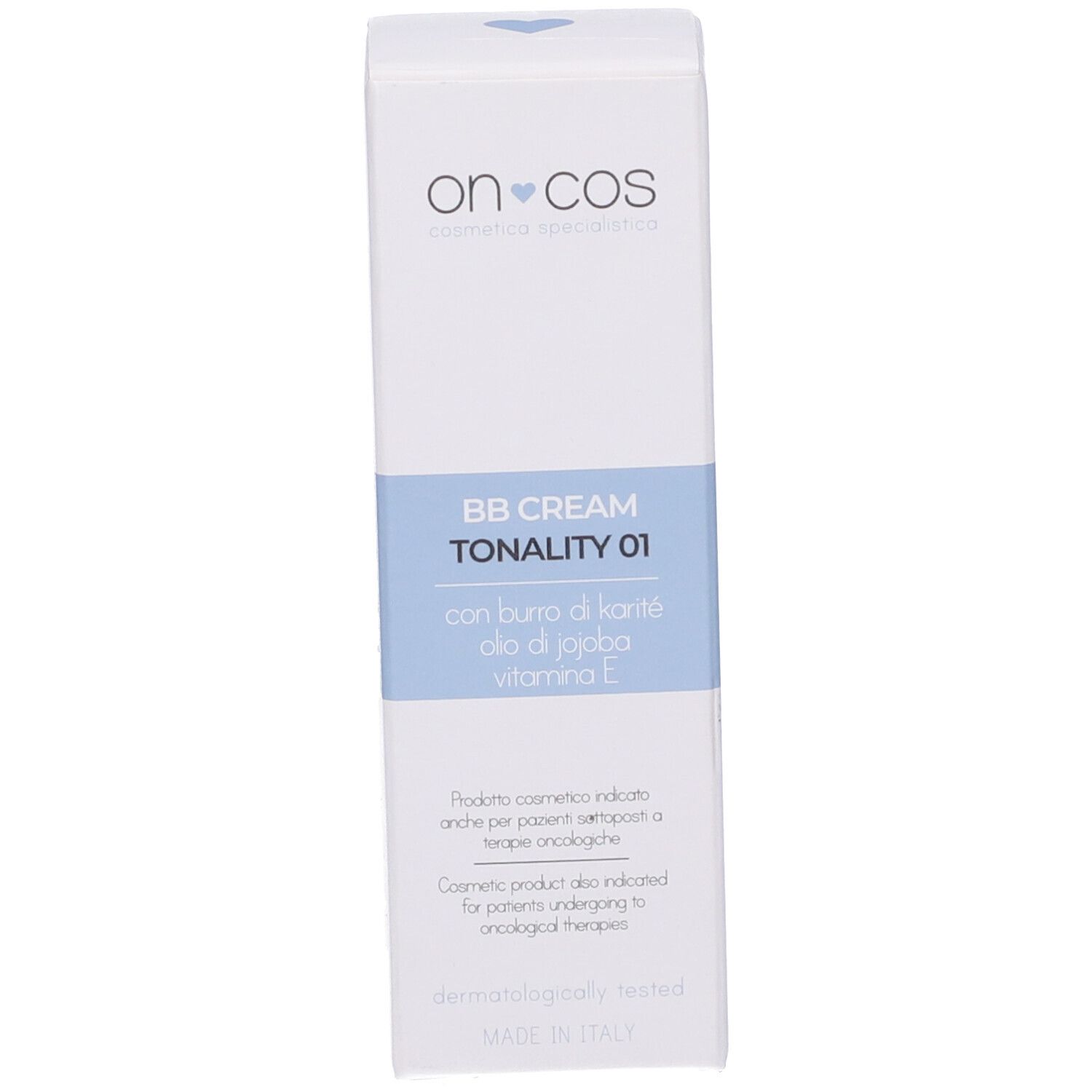 Scatola. Scritto: BB cream tonality 01. Con burro di karité, olio di jojoba, vitamina E. Dermatologicamente testato.