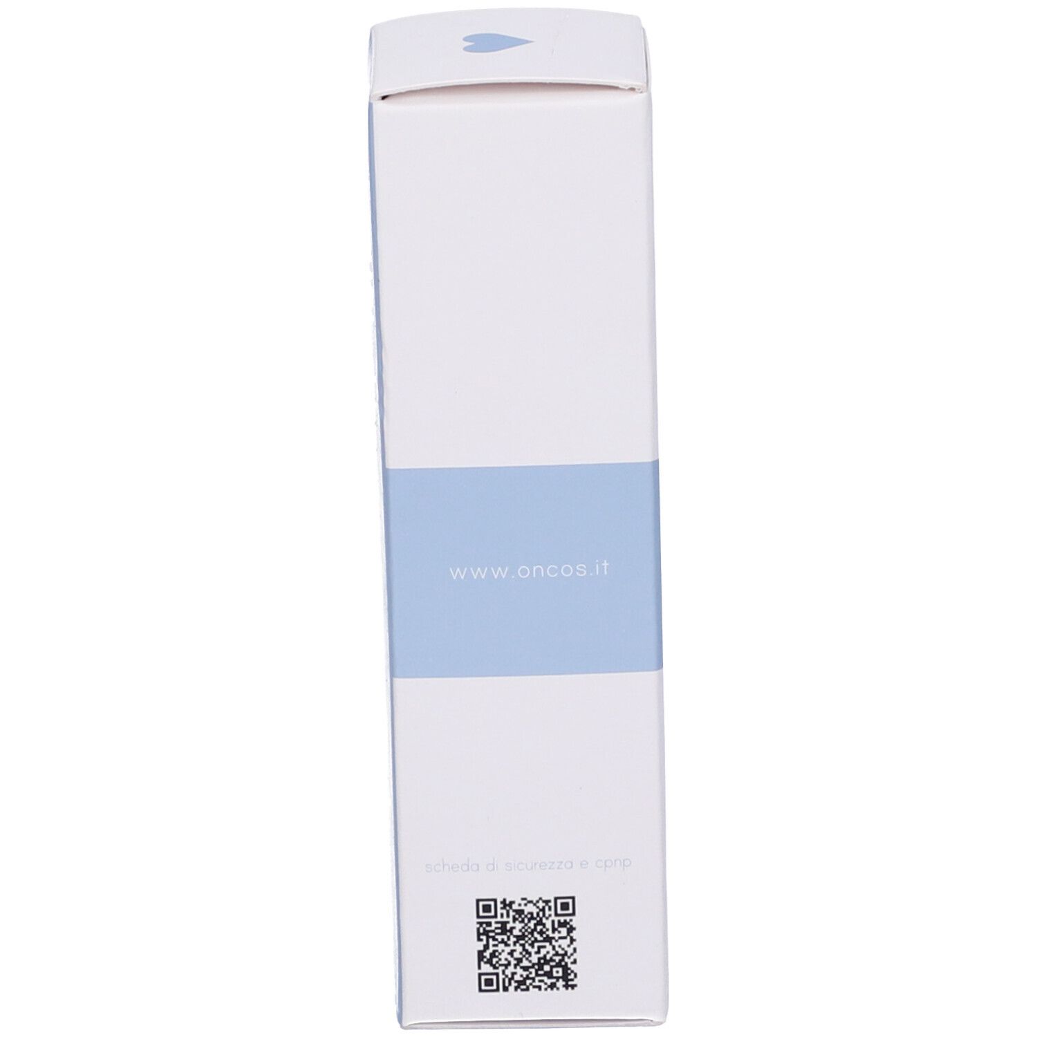 Scatola, lato. Scritto: www.oncos.it. Codice QR.
