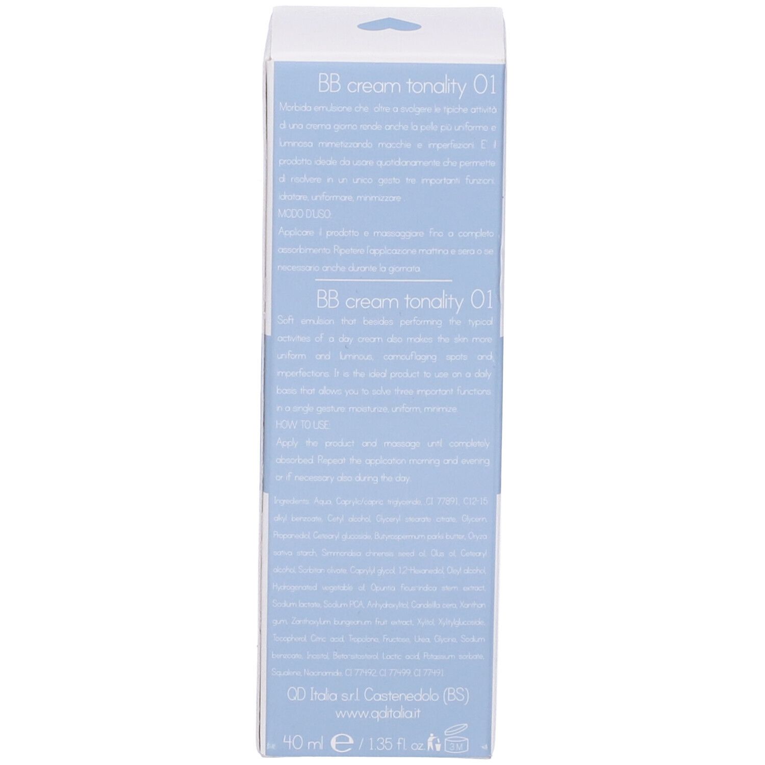 Retro della scatola. Scritto: BB cream tonality 01. Istruzioni per l'uso. 40 ml/1.35 fl oz.