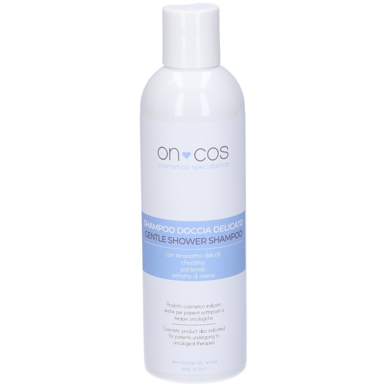 Flacone Oncos Shampoo Doccia. Bianco, blu, nome prodotto e testo.