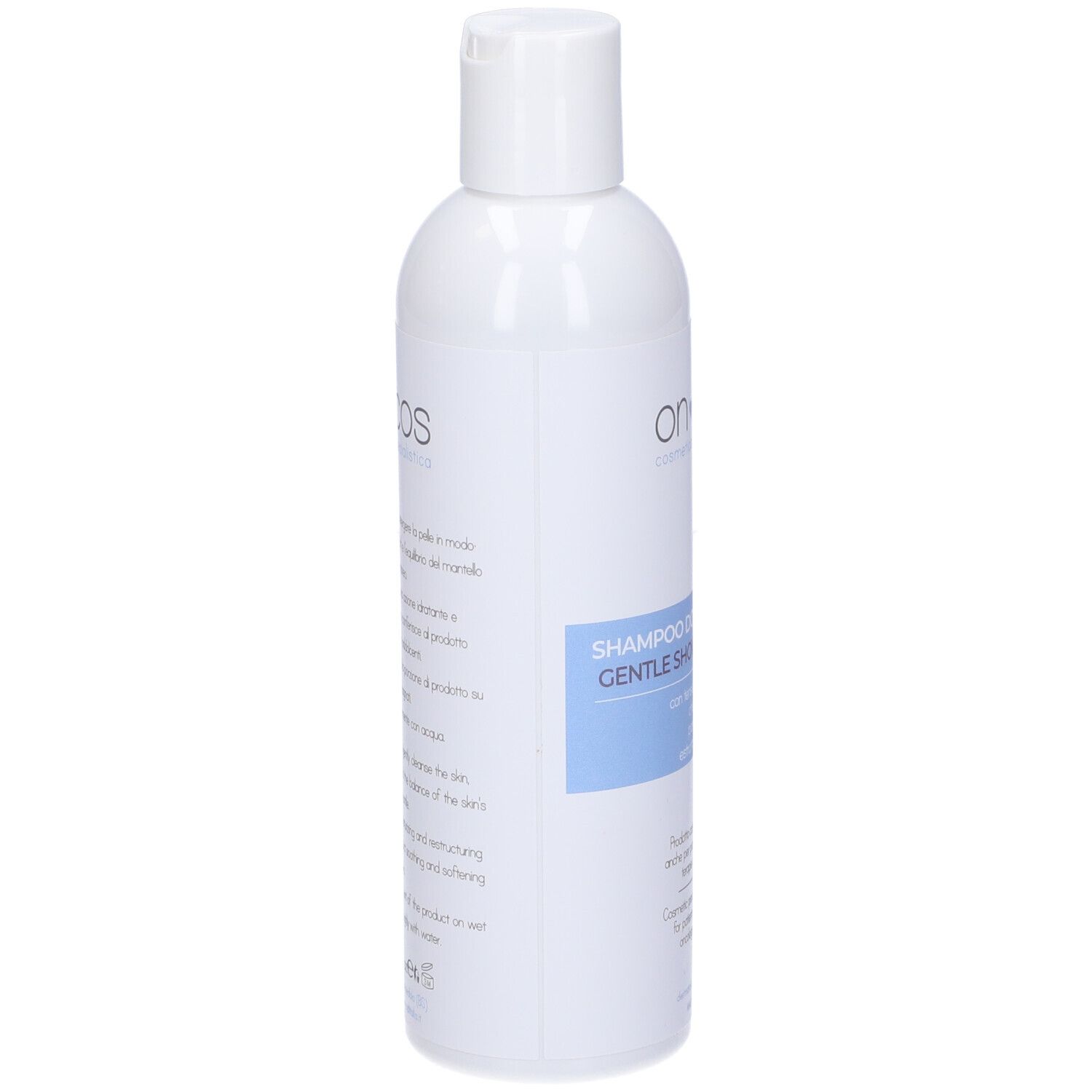 Flacone Oncos Shampoo Doccia. Bianco, blu, nome prodotto e testo.