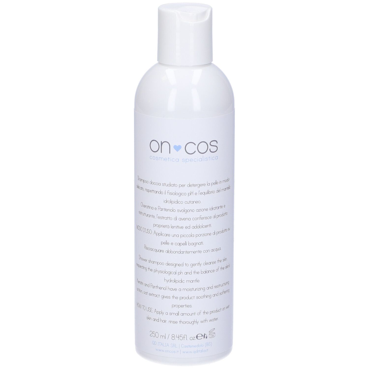 Flacone Oncos Shampoo Doccia. Bianco, blu, nome prodotto e testo.