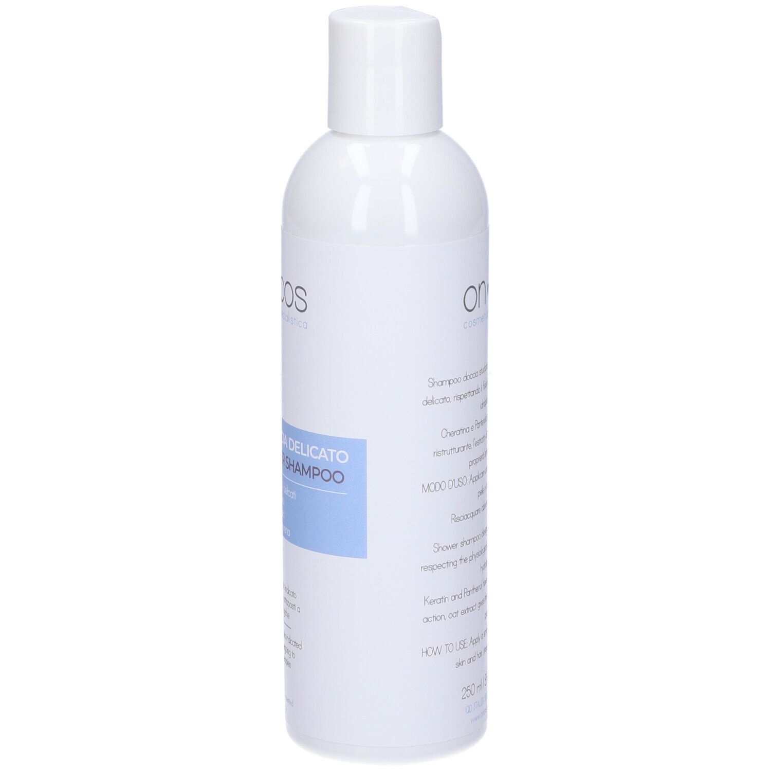 Flacone Oncos Shampoo Doccia. Bianco, blu, nome prodotto e testo.
