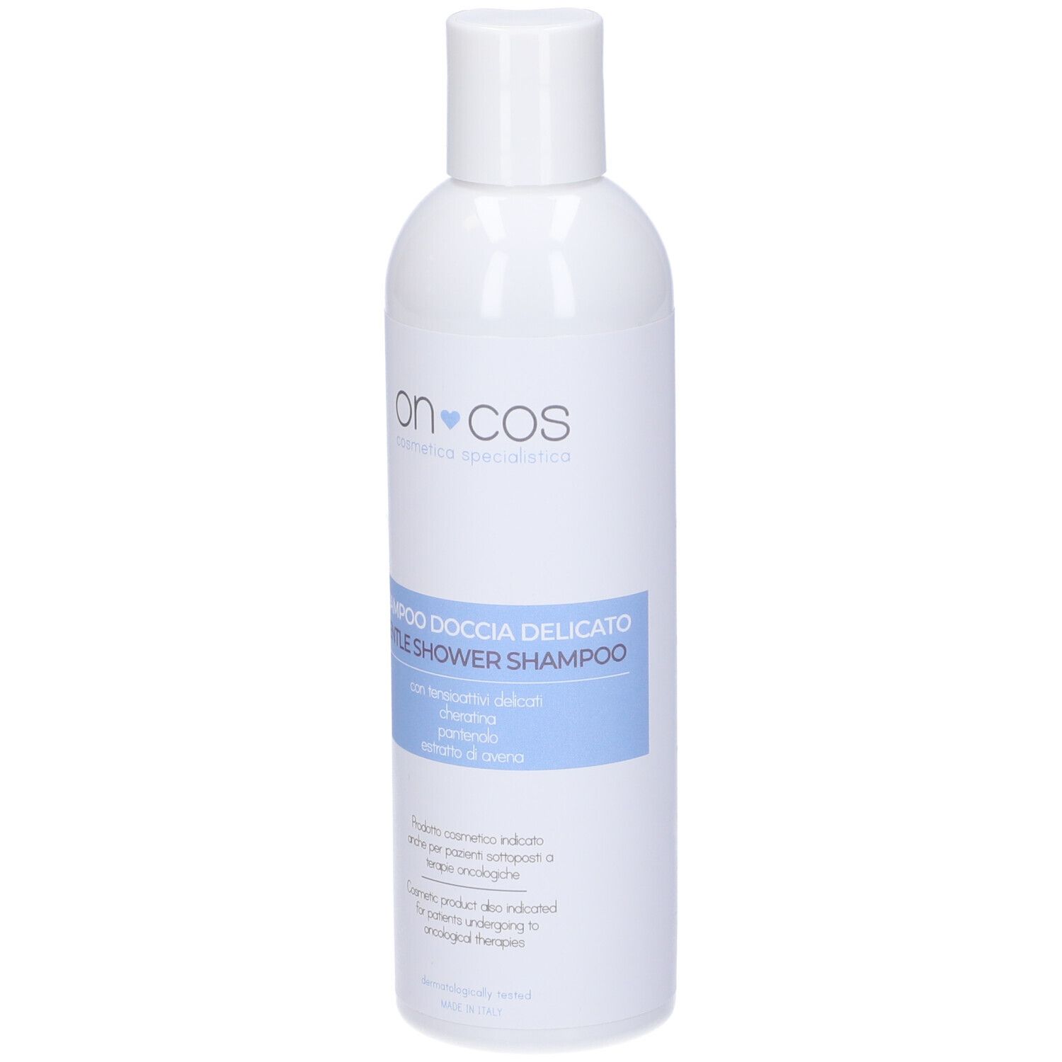 Flacone Oncos Shampoo Doccia. Bianco, blu, nome prodotto e testo.