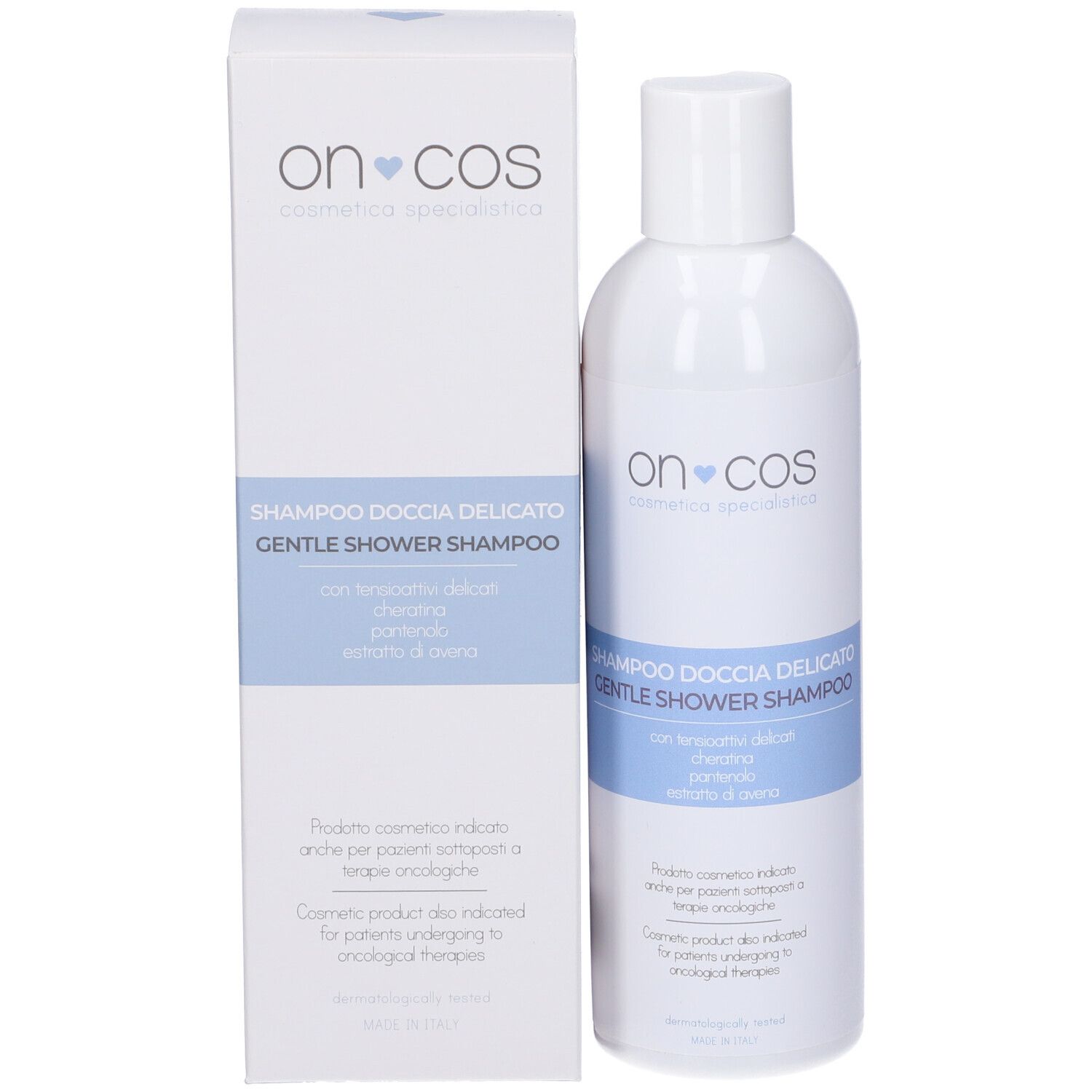 Flacone Oncos Shampoo Doccia. Bianco, blu, nome prodotto e testo.