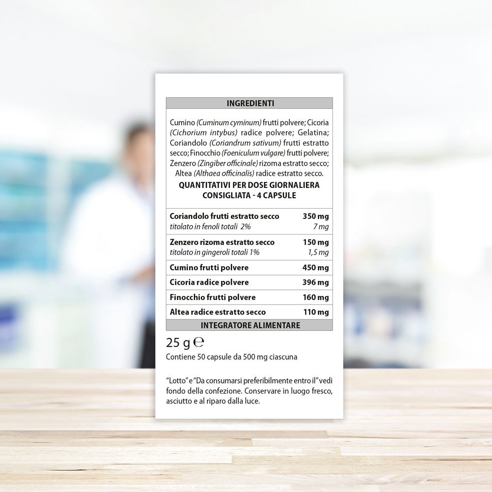 Scheda bianca con ingredienti. Elenco ingredienti e dosaggio. Testo in italiano.