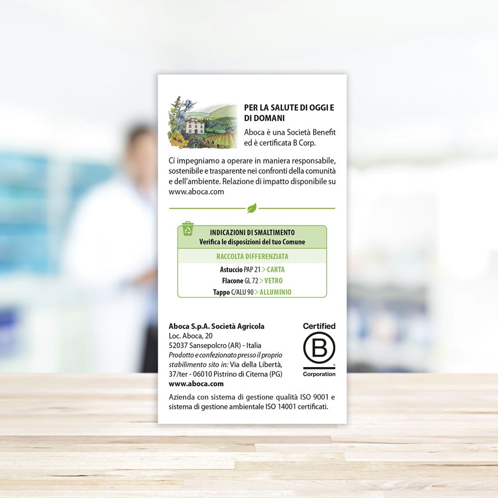 Scheda bianca con testo. Informazioni sull'azienda Aboca. Certificazione B Corp.