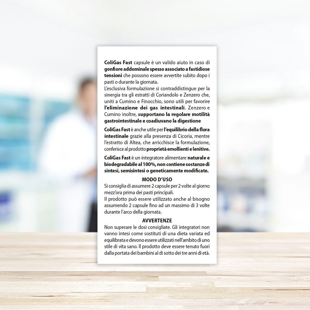 Scheda bianca con testo. Informazioni sull'uso di Coligas Fast. Testo in italiano.